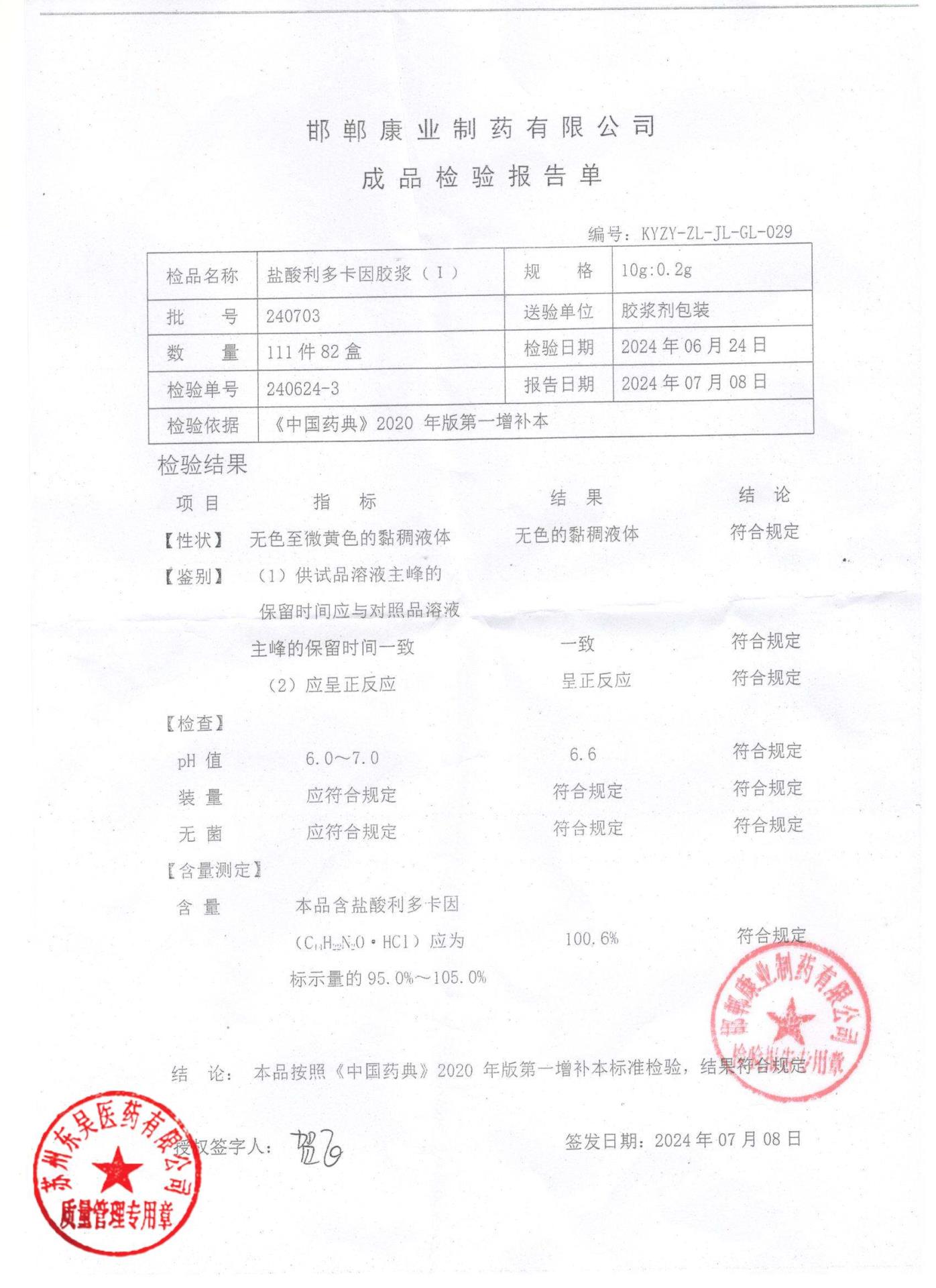 240703盐酸利多卡因胶浆