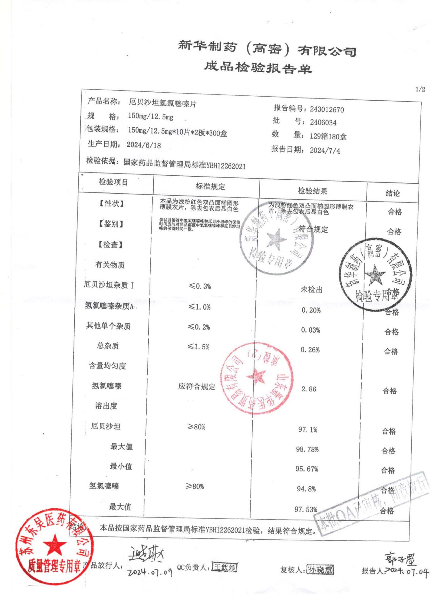 2406034厄贝沙坦氢氯噻嗪片1