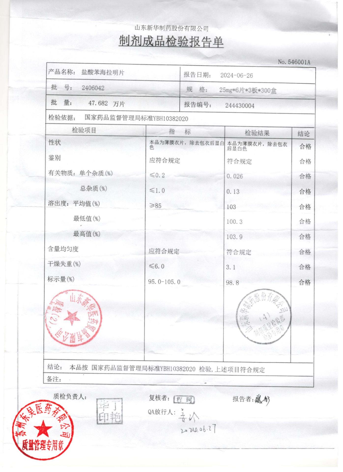 2406042盐酸苯海拉明片