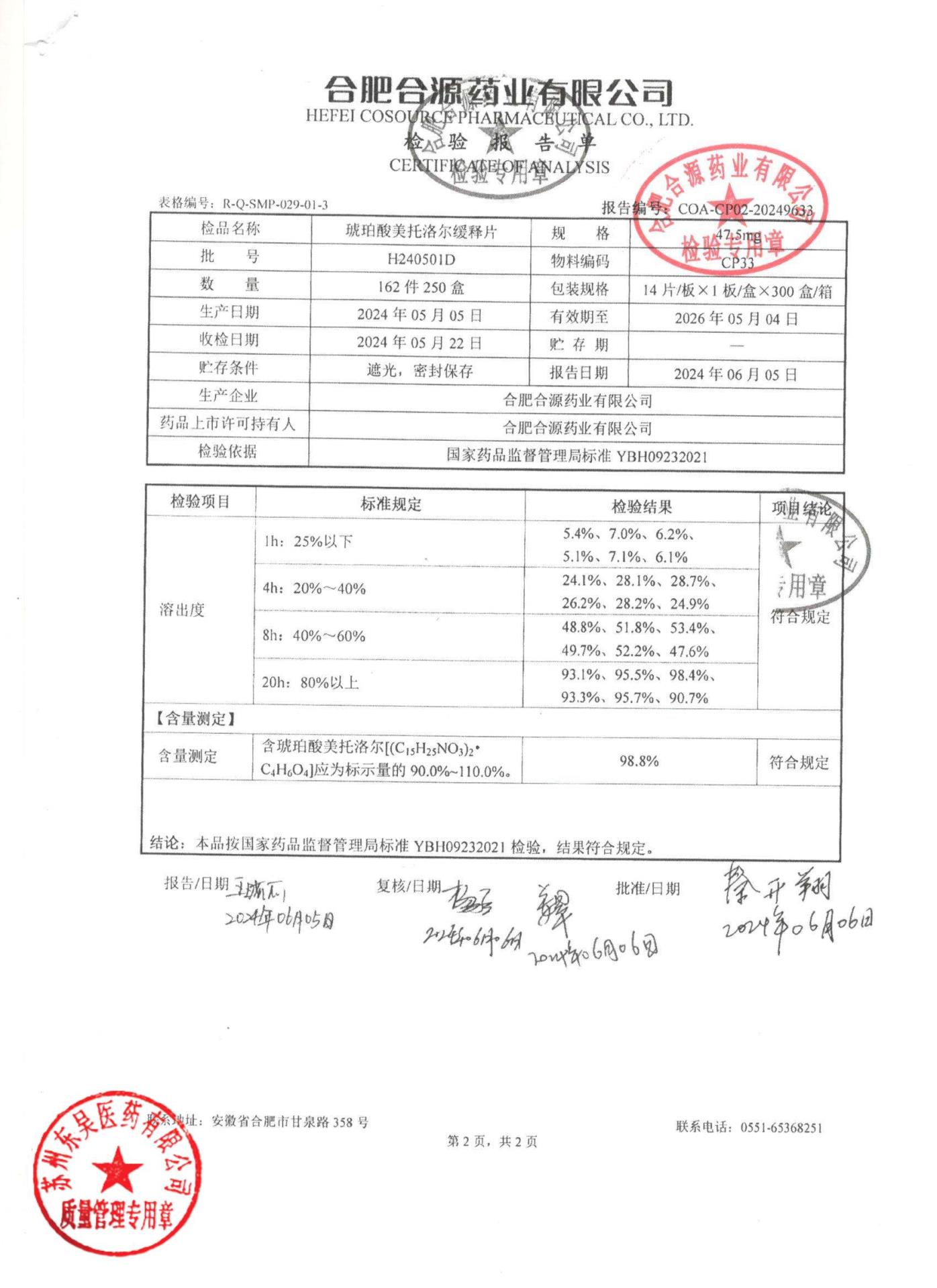 H240501D琥珀酸美托洛尔缓释片2