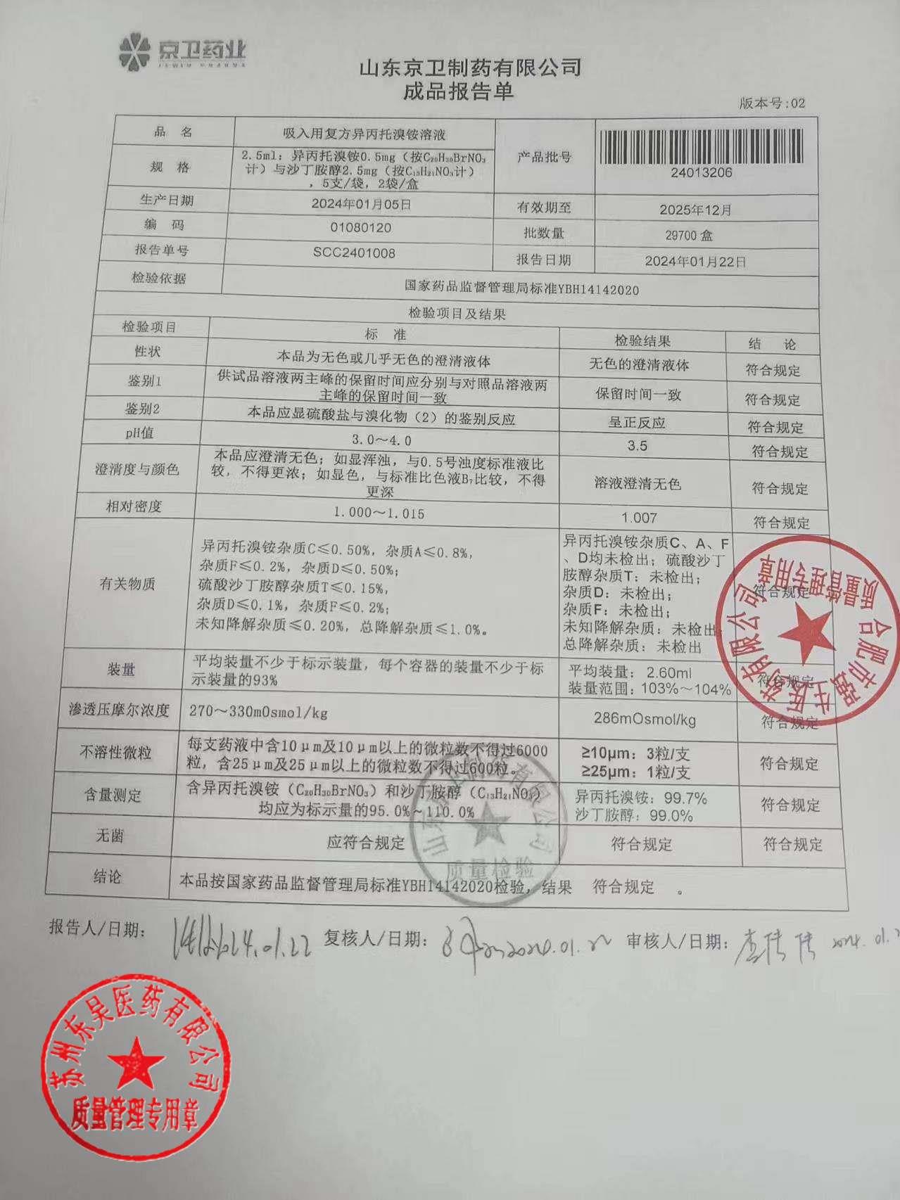 24013206吸入用异丙托溴铵溶液