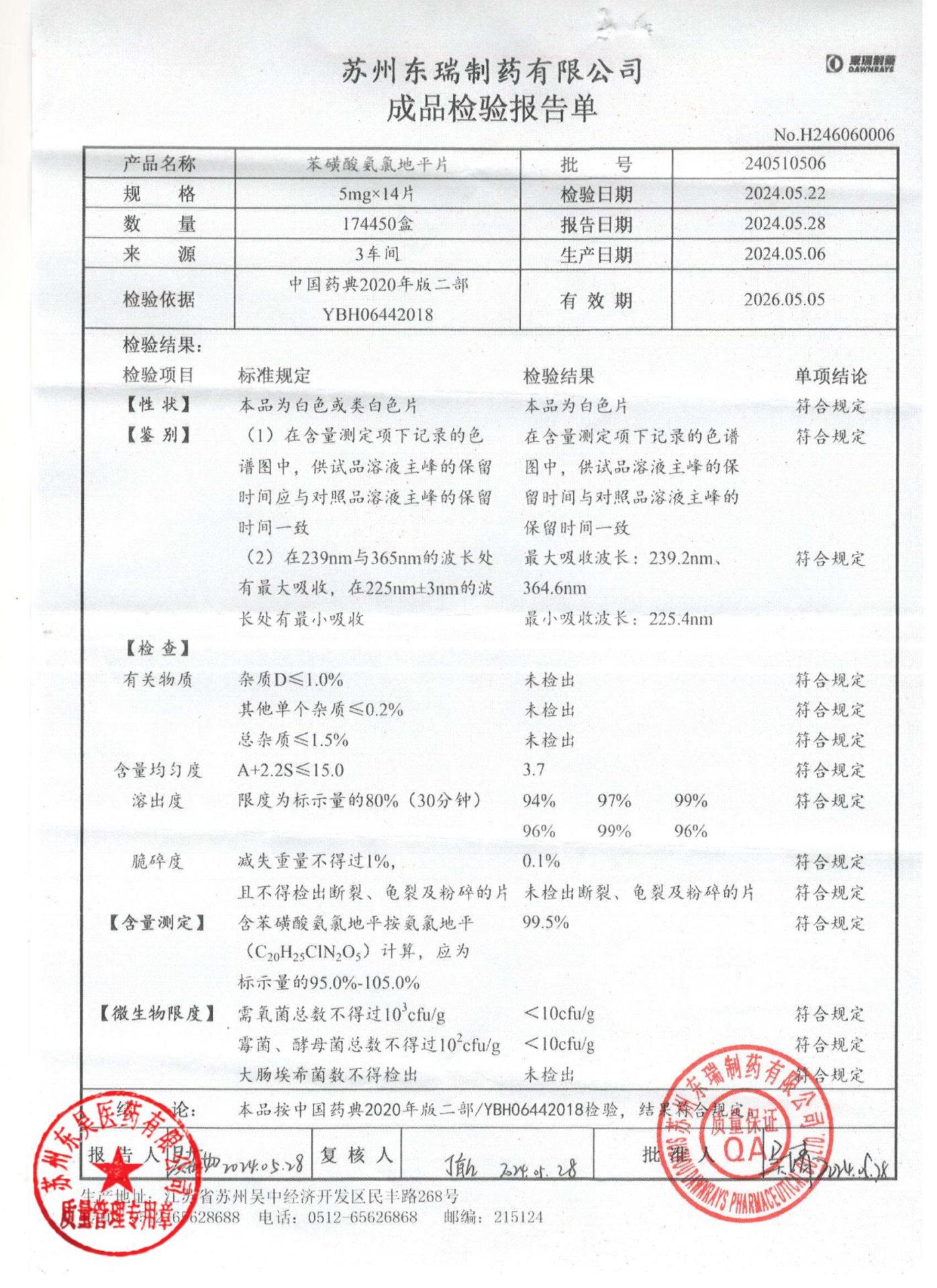 240510506苯磺酸氨氯地平片