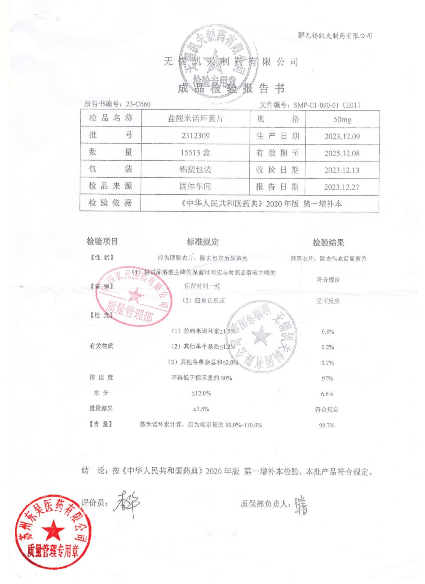 2312309盐酸米诺环素片