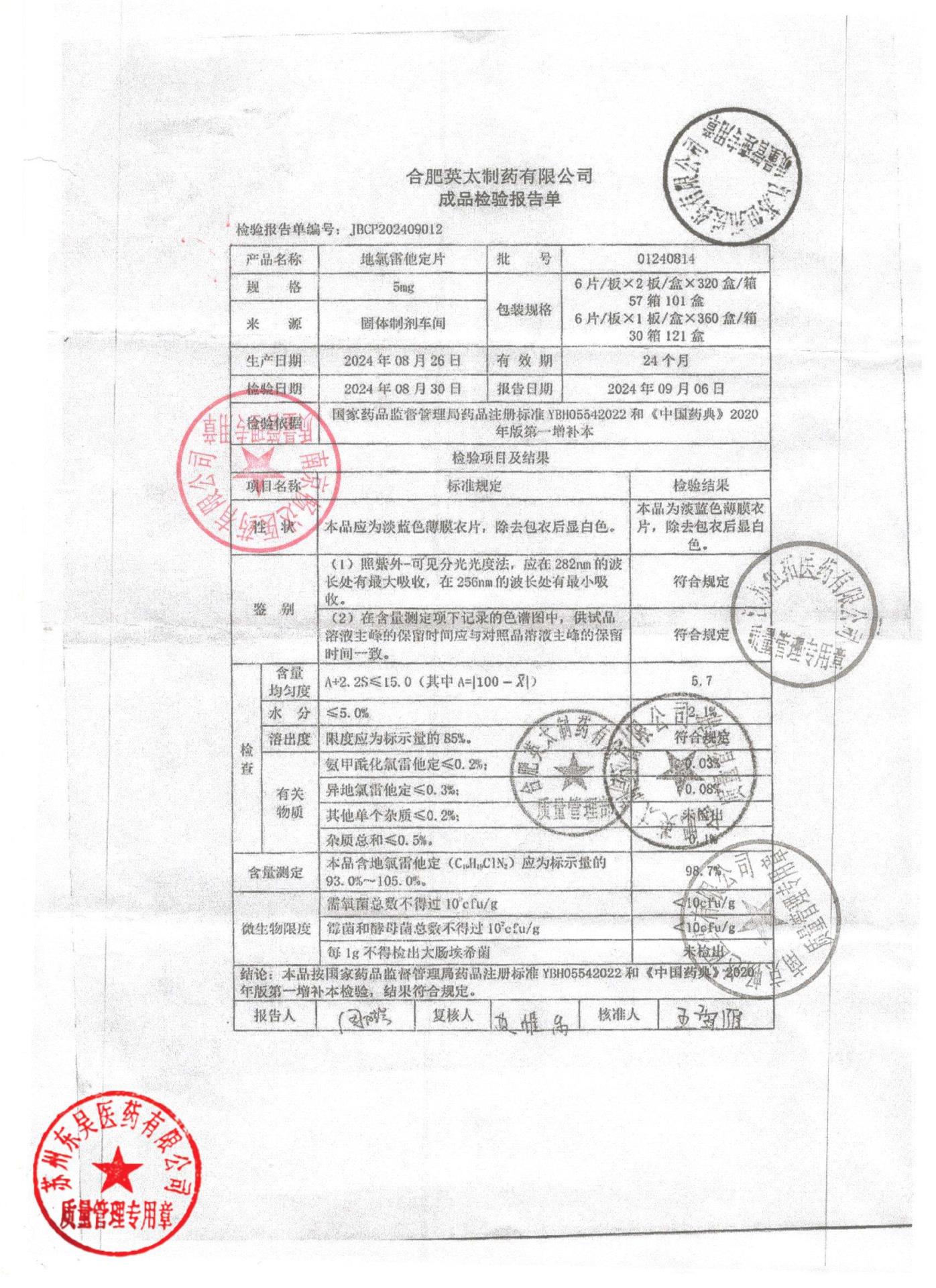 01240814地氯雷他定片