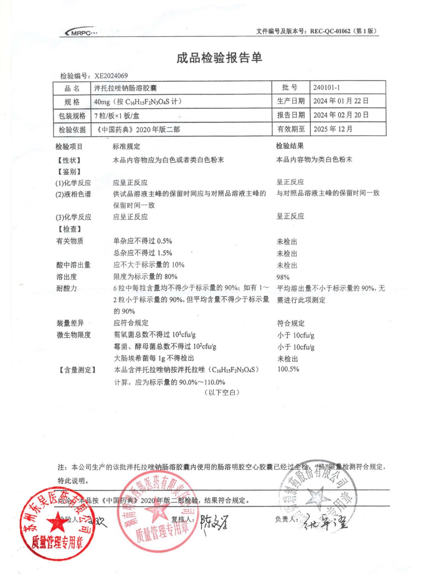 240101-1泮托拉唑钠肠溶胶囊