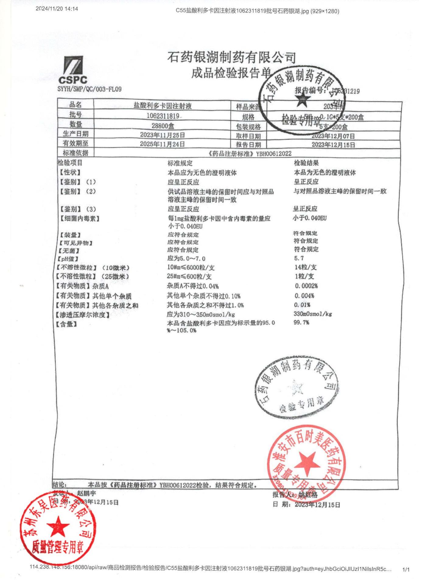 1062311819盐酸利多卡因注射液