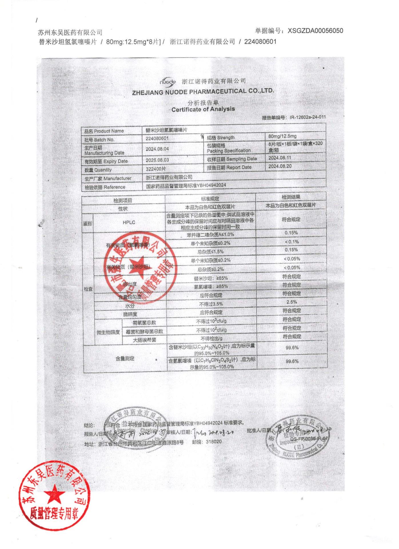 224080601替米沙坦氢氯噻嗪片