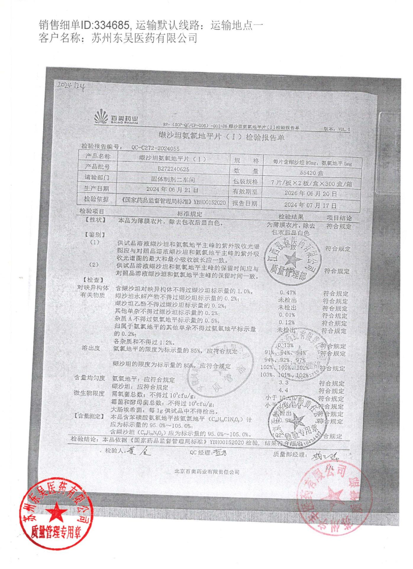 B272240625缬沙坦氨氯地平片