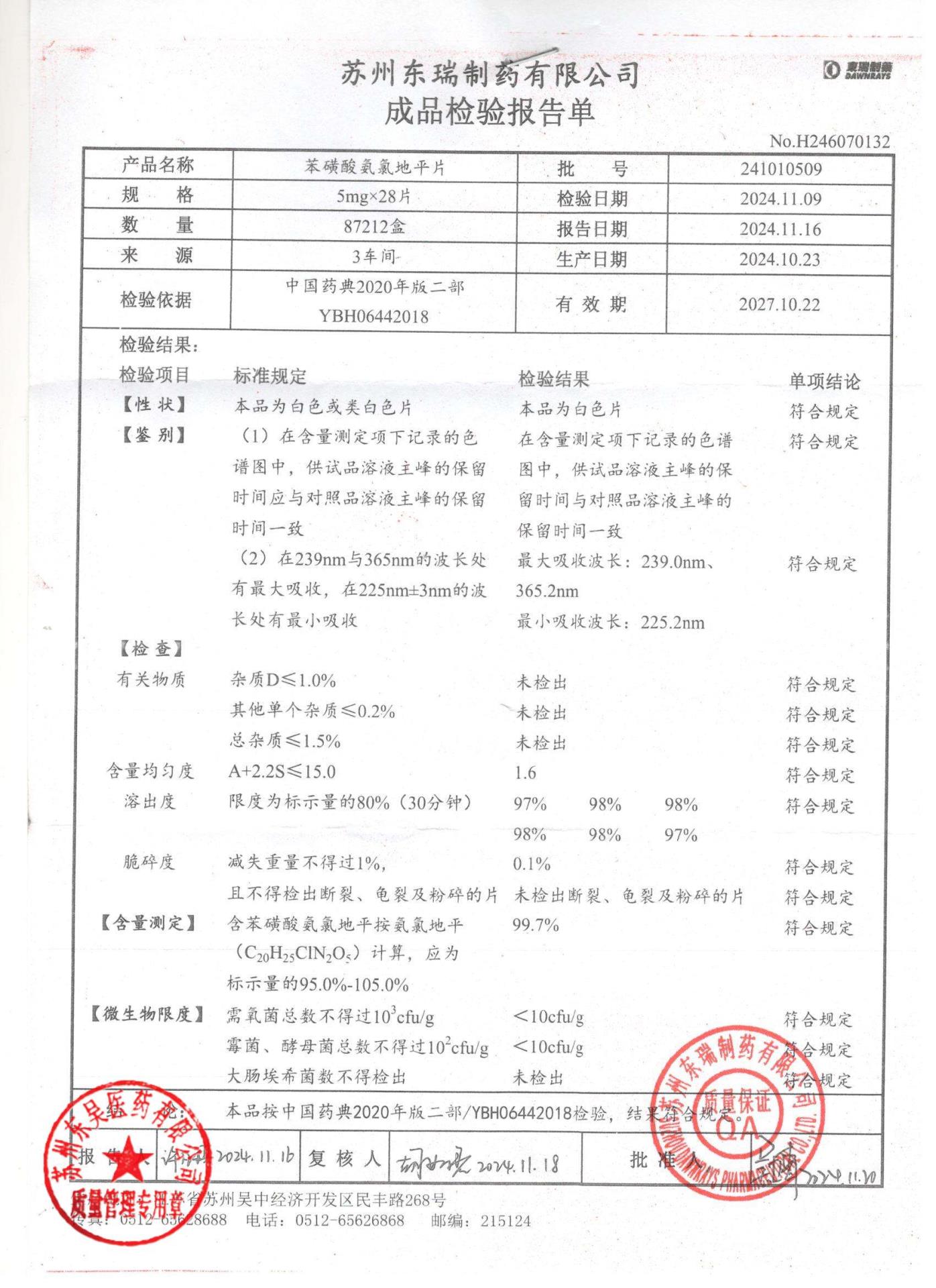 241010509苯磺酸氨氯地平片