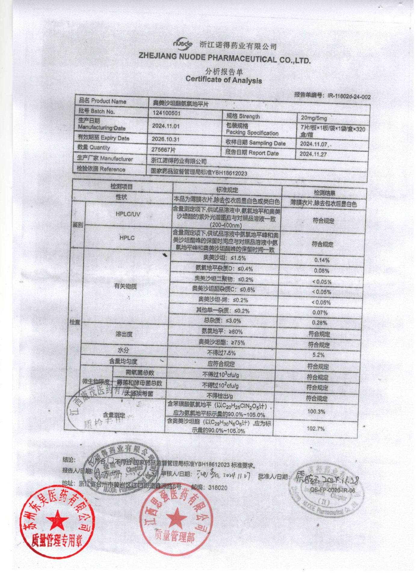 124100501奥美沙坦酯氨氯地平片