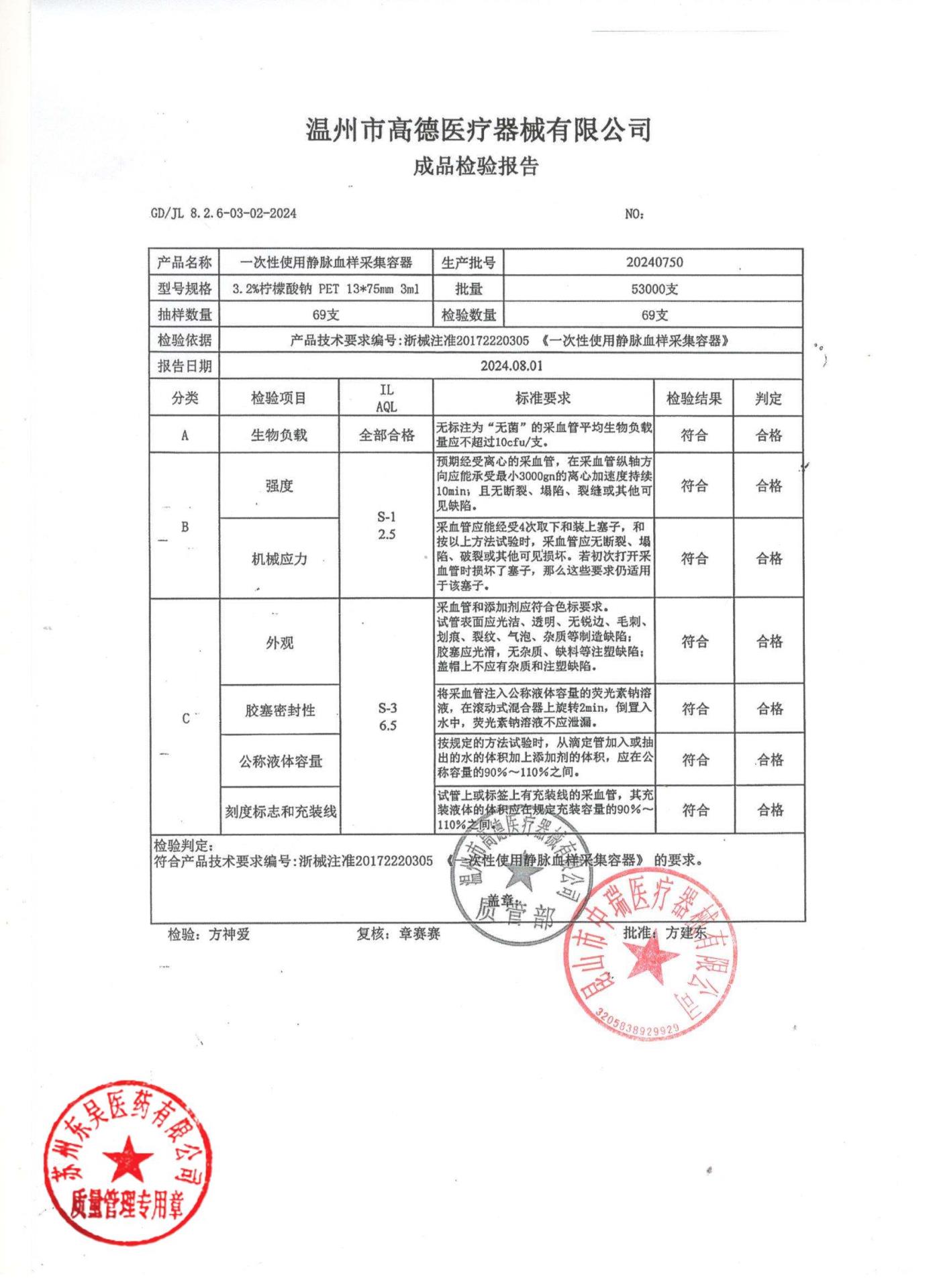 20240750一次性使用静脉血样采集容器