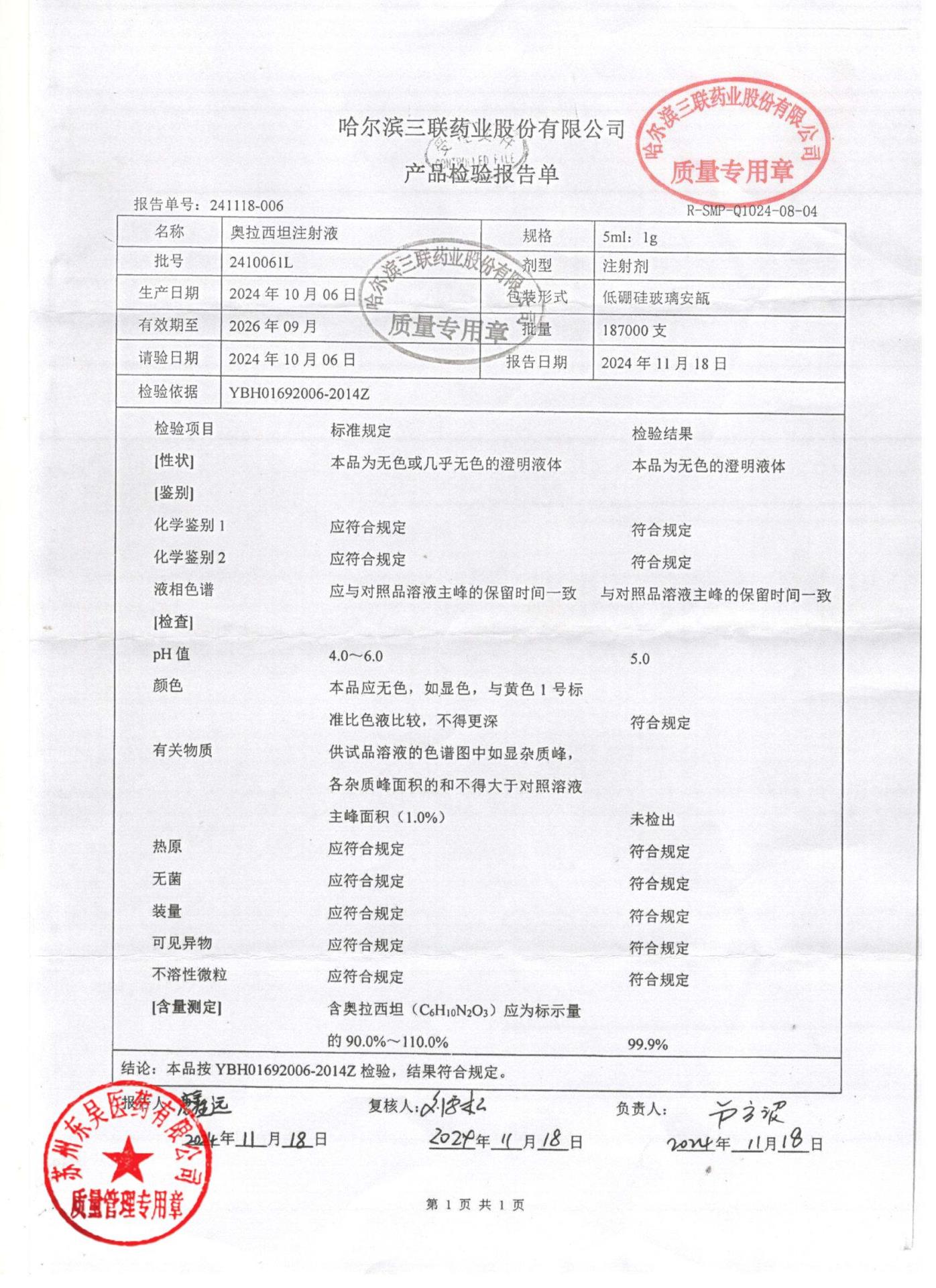 2410061L奥拉西坦注射液