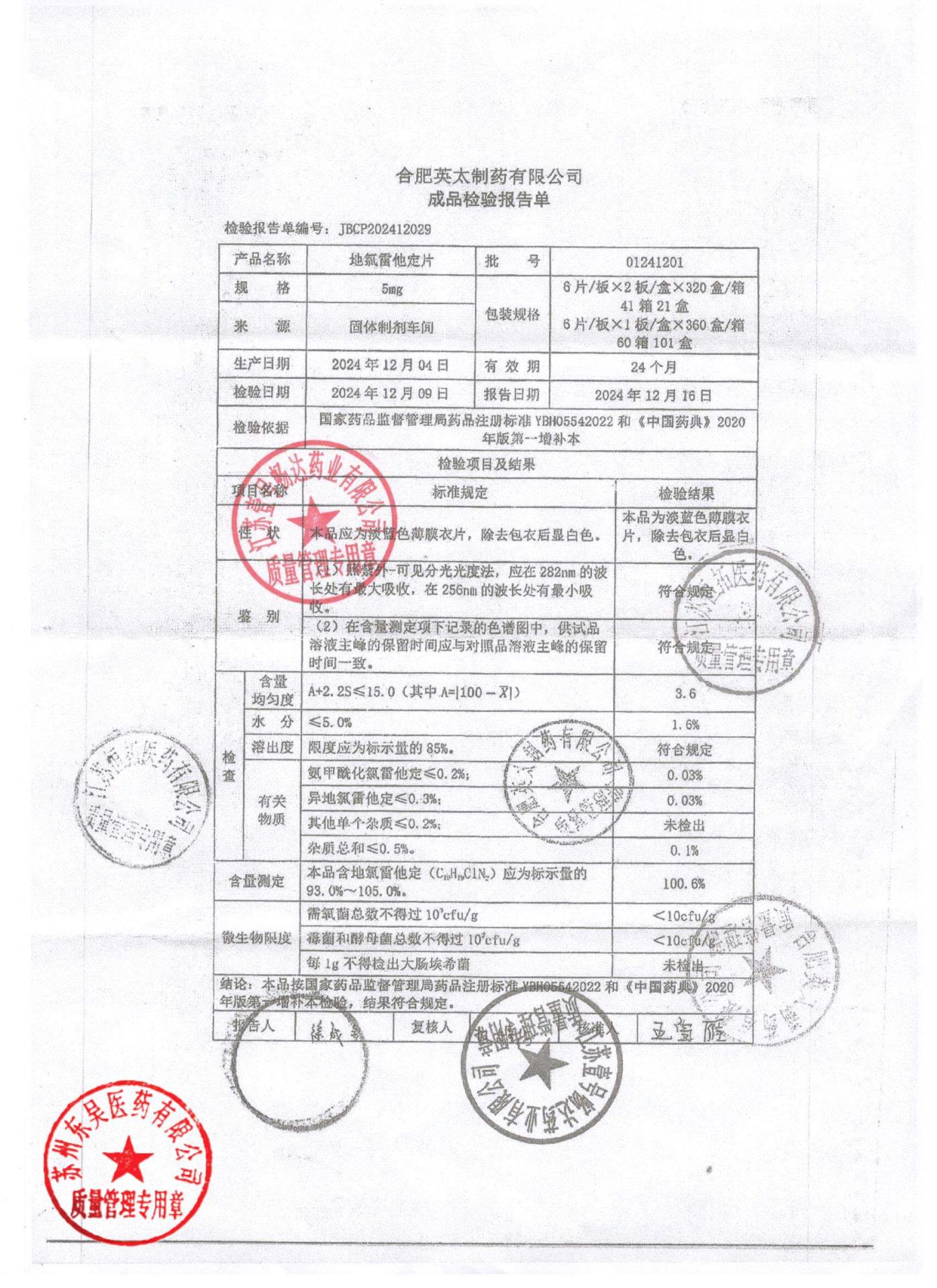 01241201地氯雷他定片