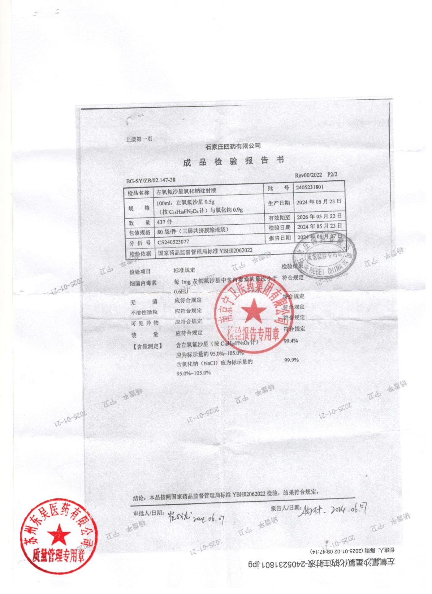 2405231801左氧氟沙星氯化钠注射液2