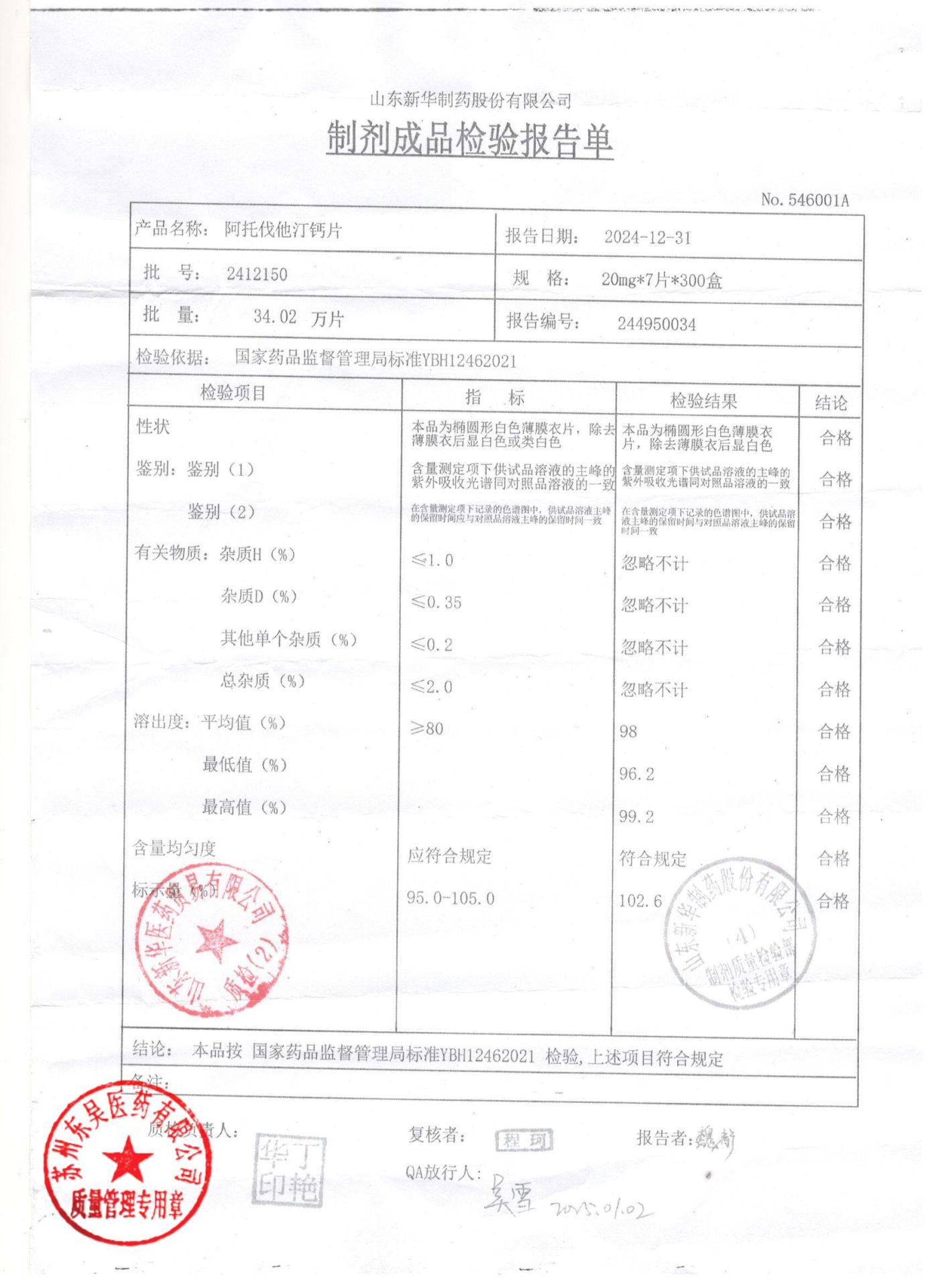 2412150阿托伐他汀钙片