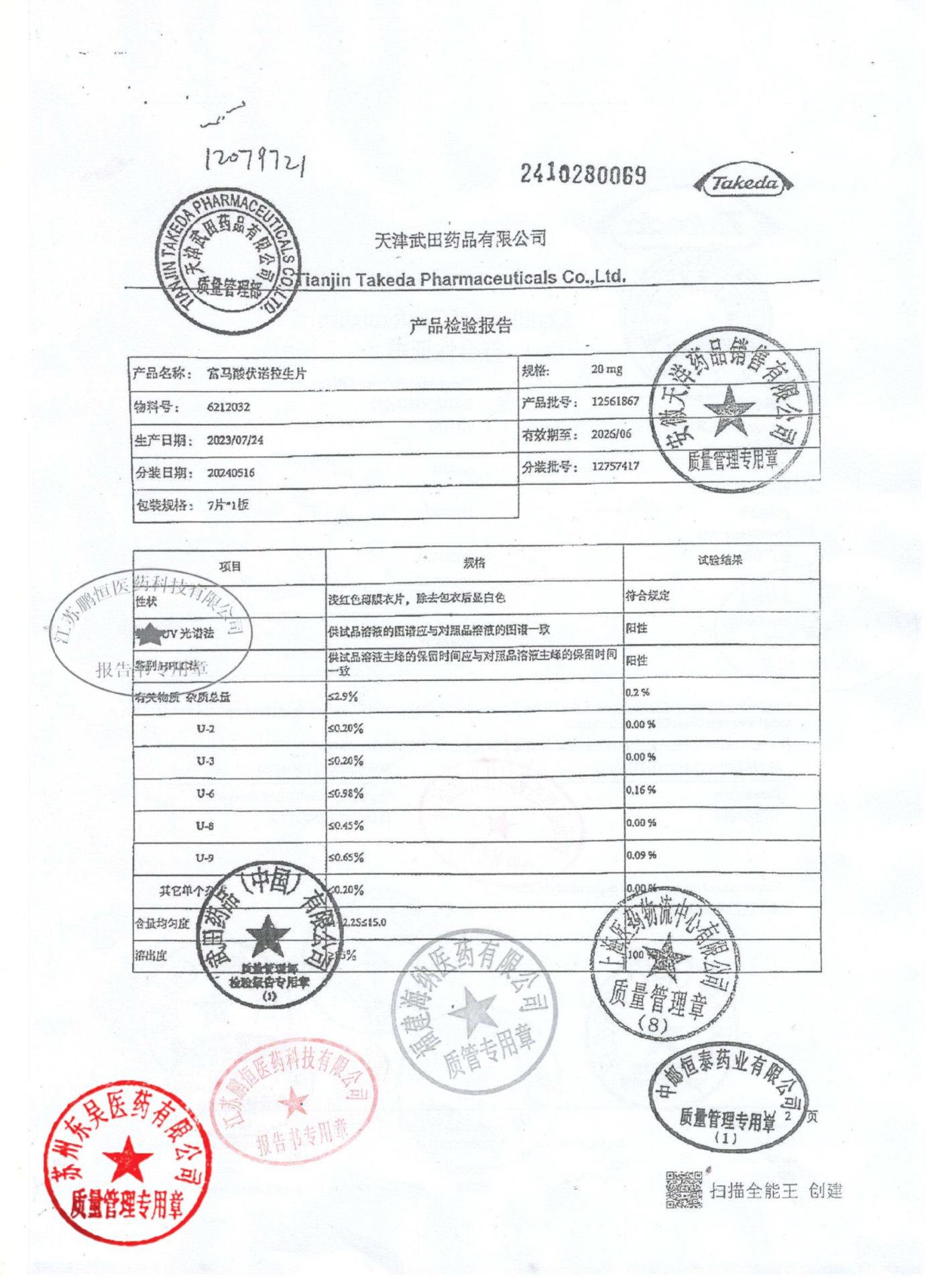 12757417富马酸伏诺拉生片2