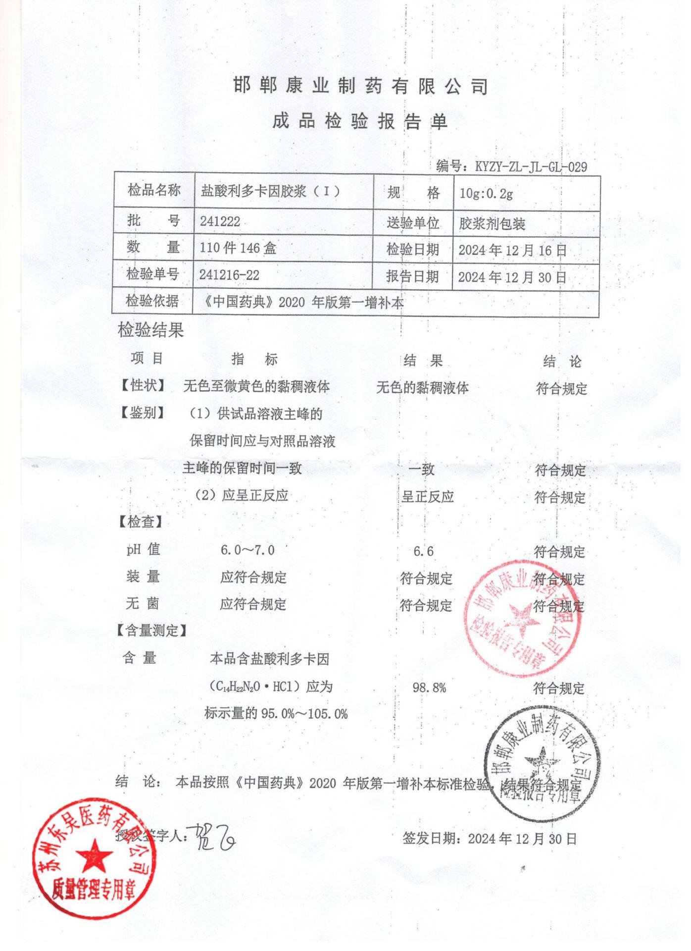 241222盐酸利多卡因胶浆