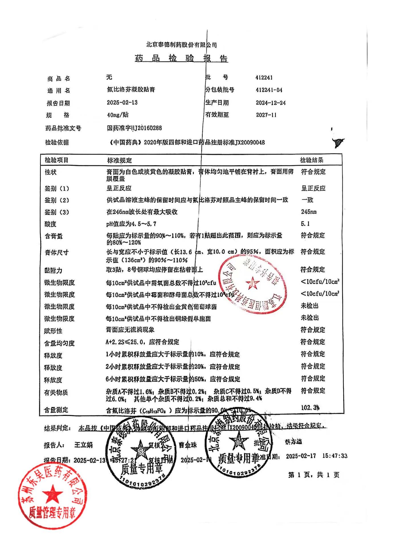 412241-04氟比洛芬凝胶贴膏