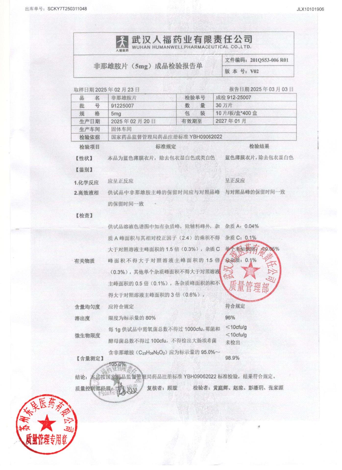 91225007非那雄胺片