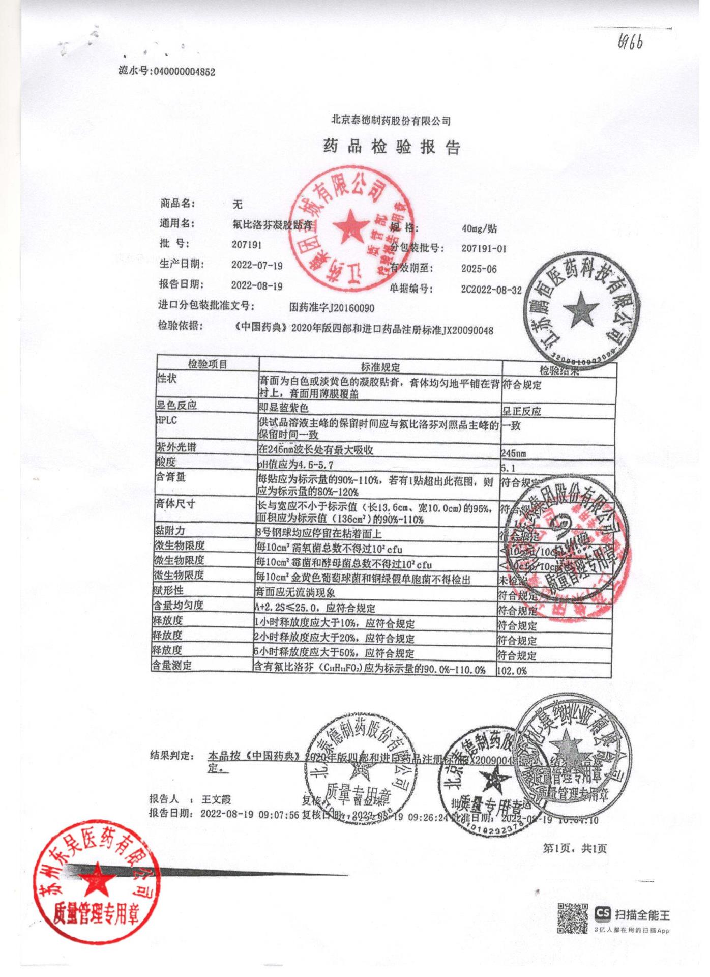 207191-01氟比洛芬凝胶贴膏1