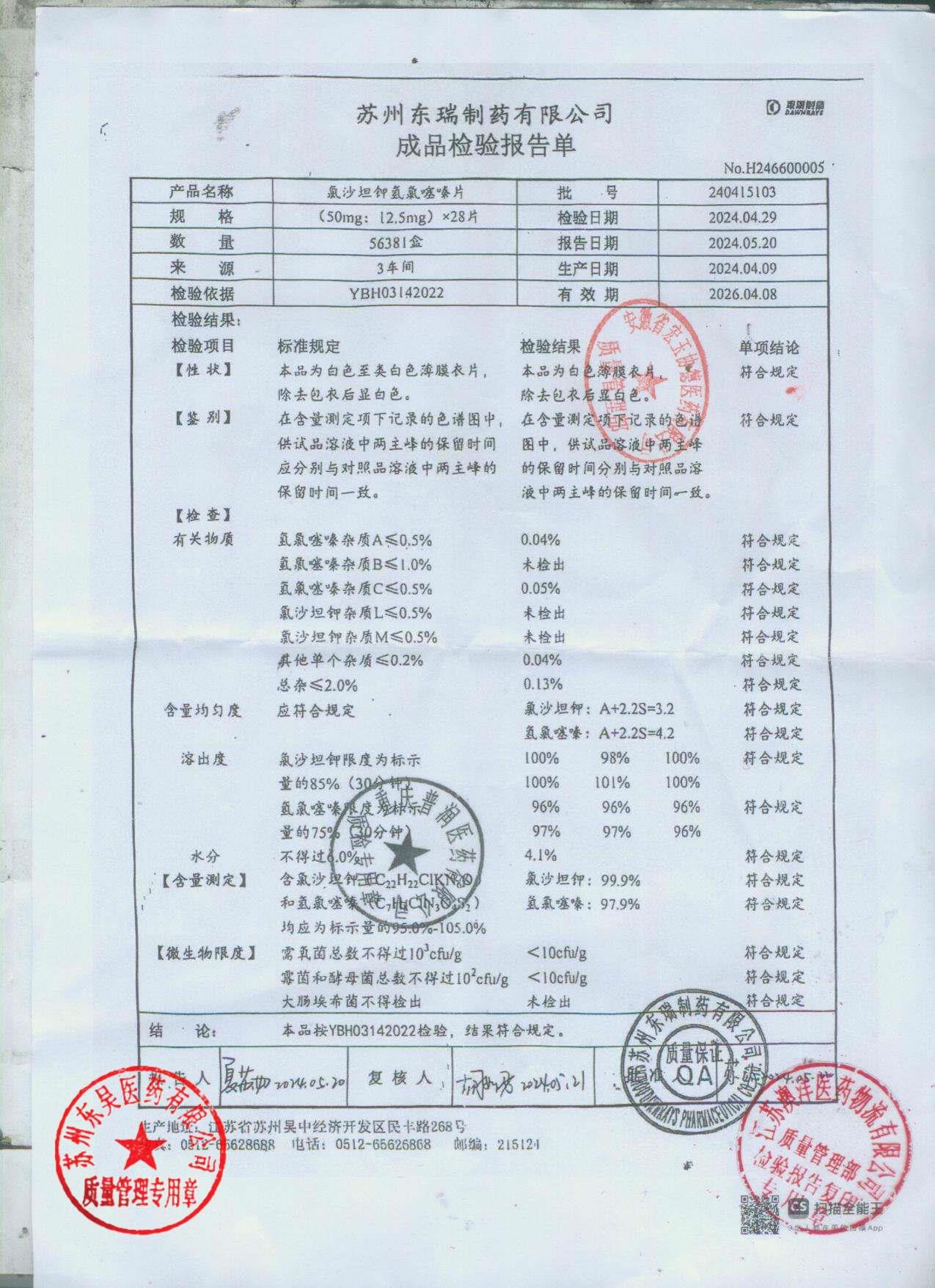 240415103氯沙坦钾氢氯噻嗪片