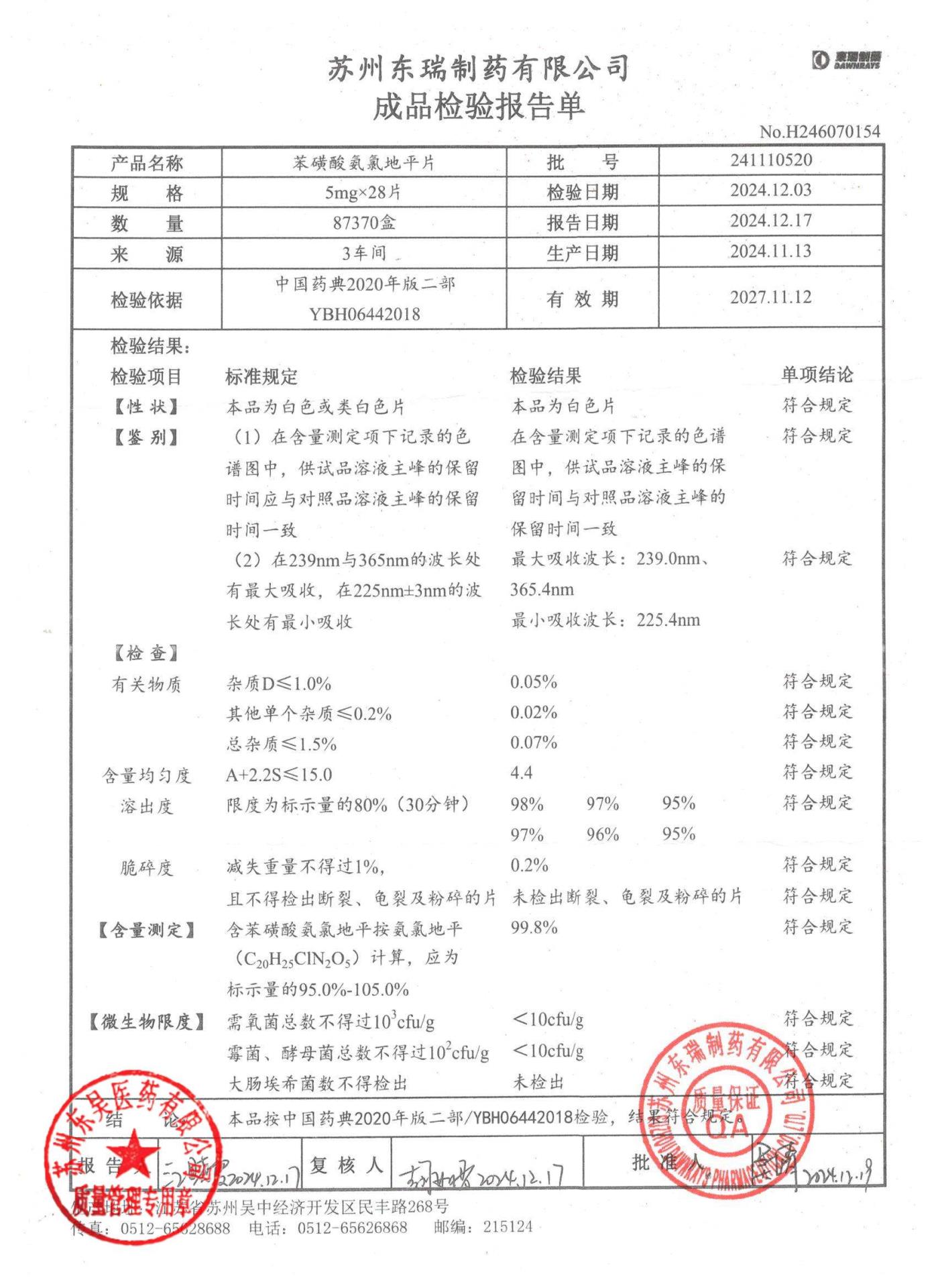 241110520苯磺酸氨氯地平片