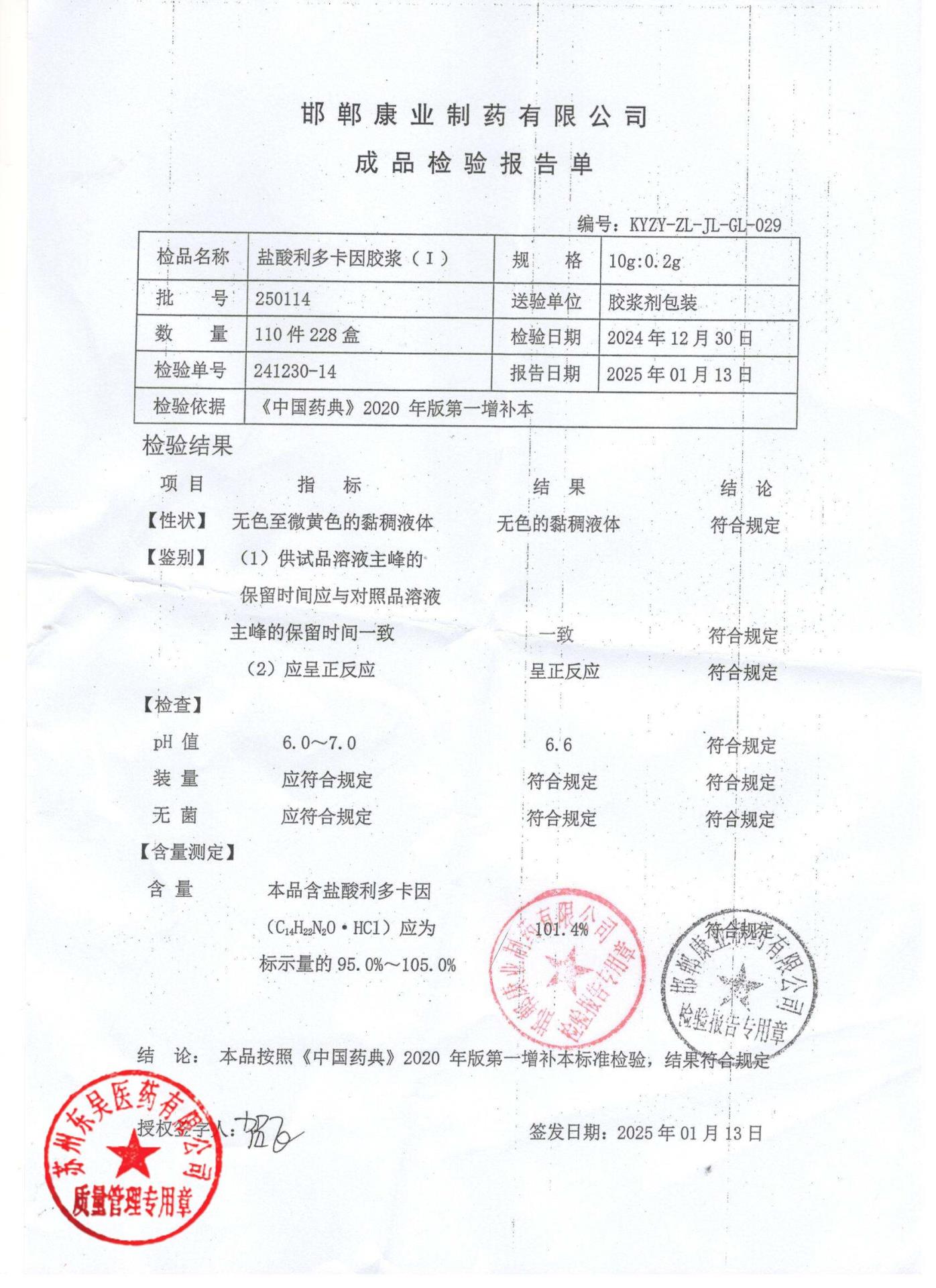 250114盐酸利多卡因胶浆