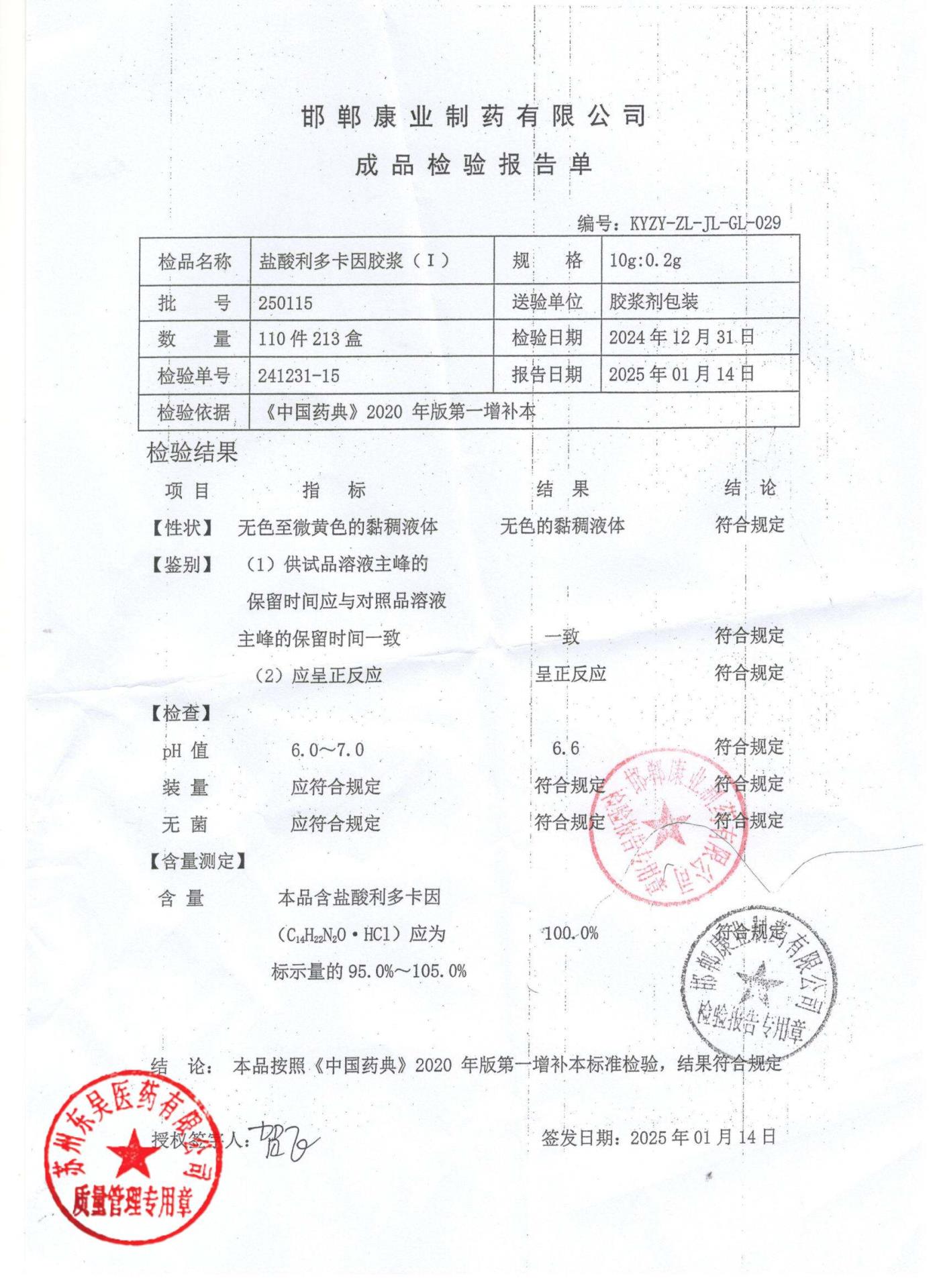 250115盐酸利多卡因胶浆