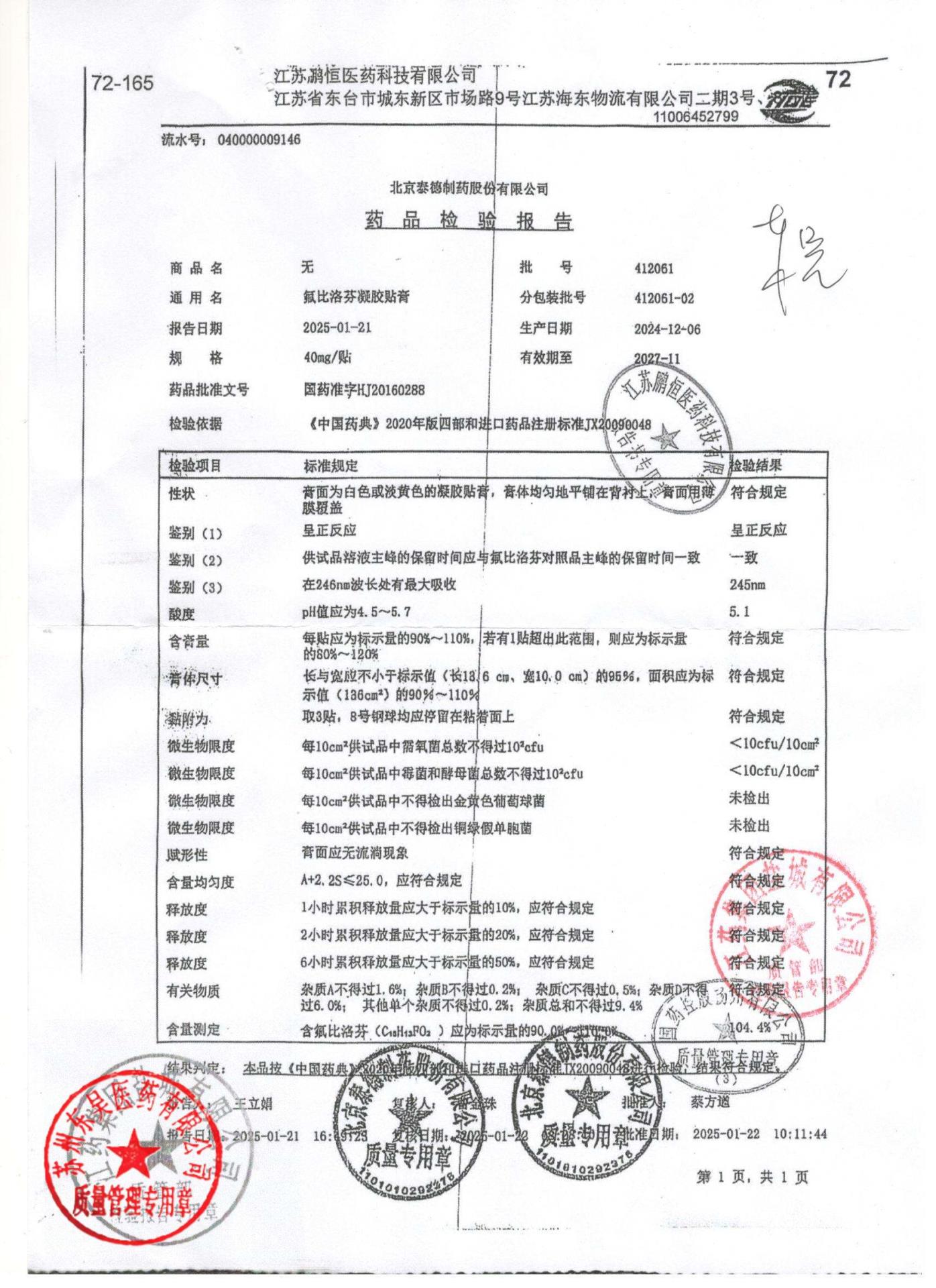 412061-02氟比洛芬凝胶贴膏