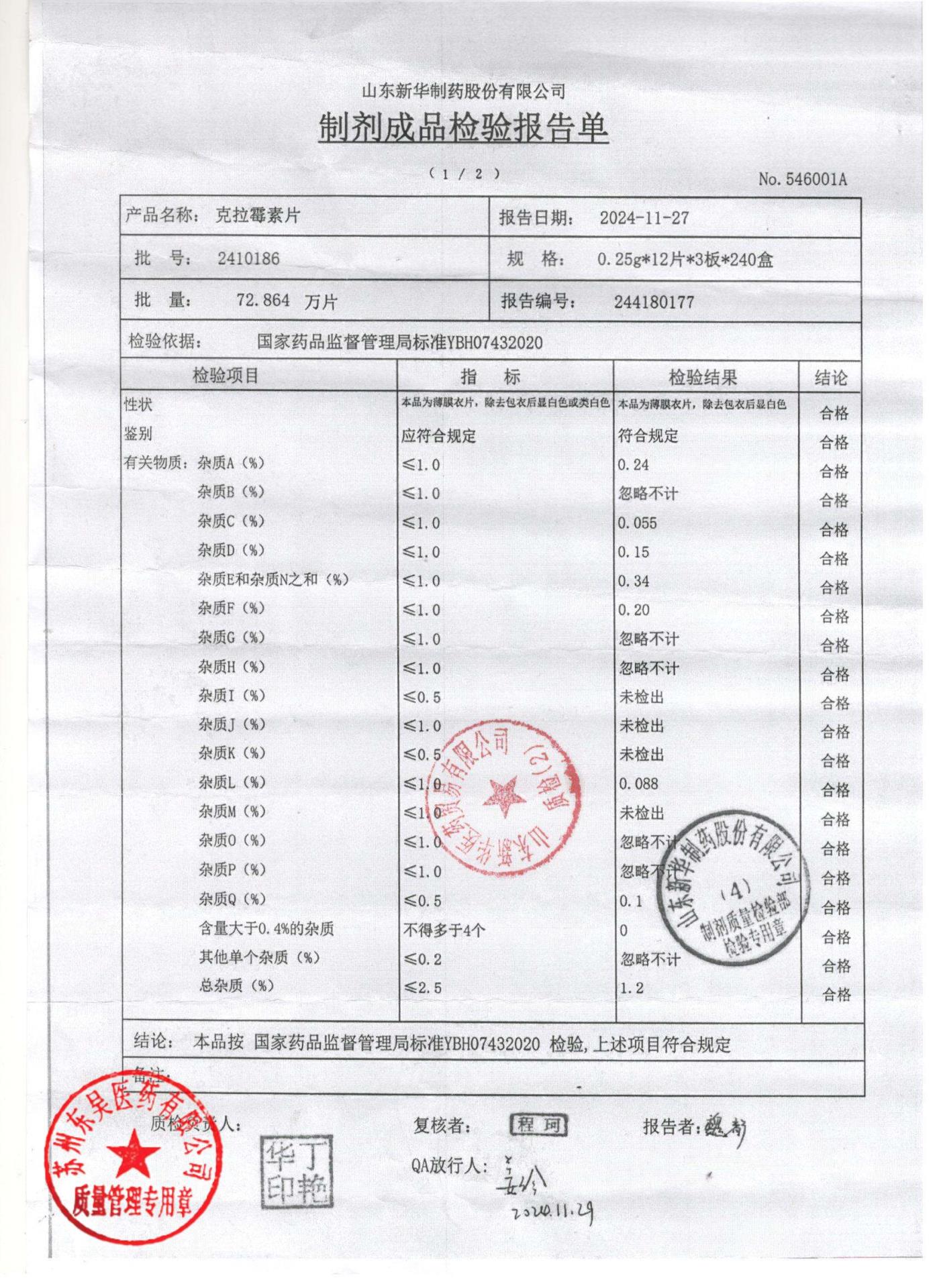 2410186克拉霉素片1