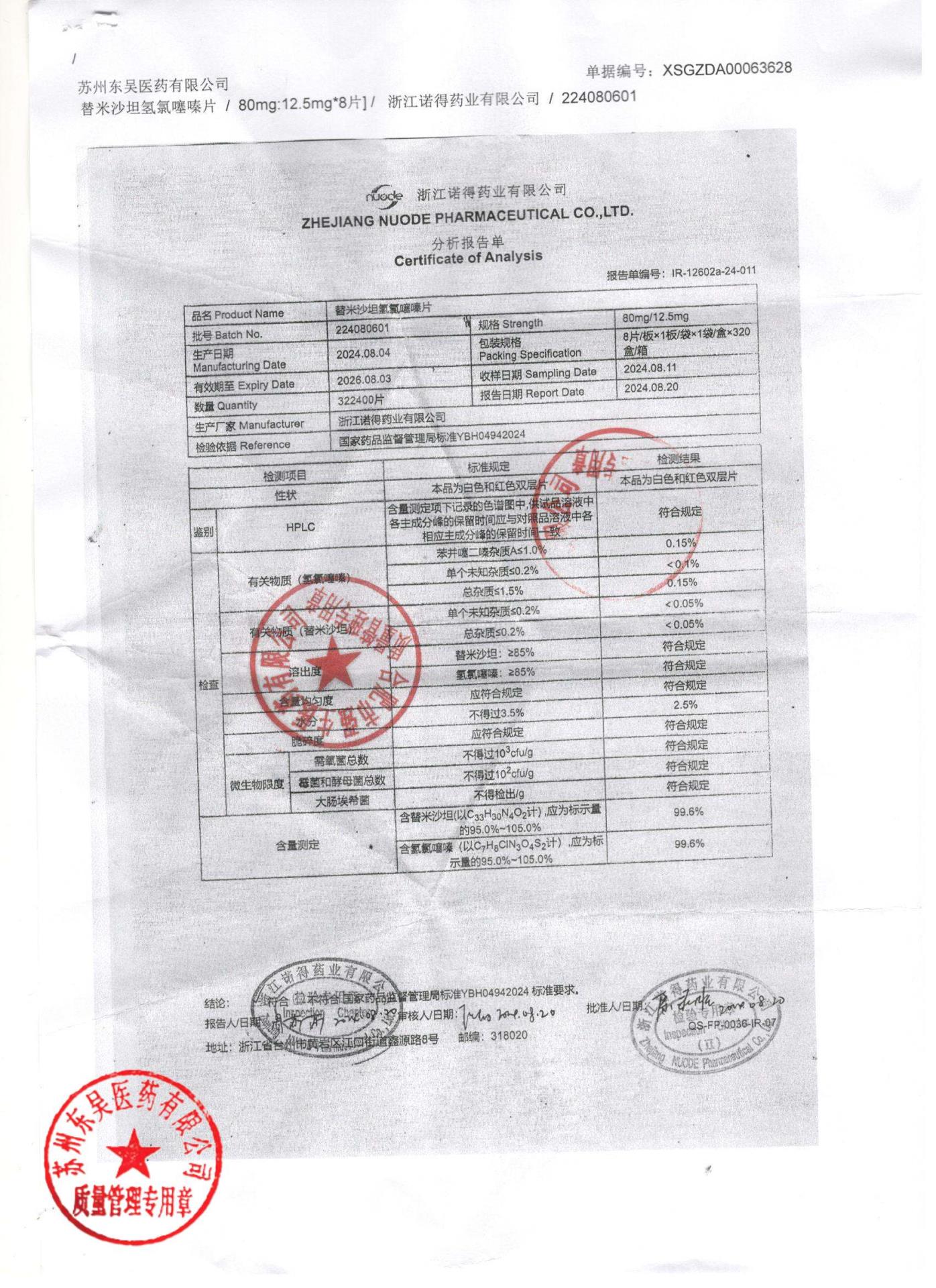 224080601替米沙坦氢氯噻嗪片