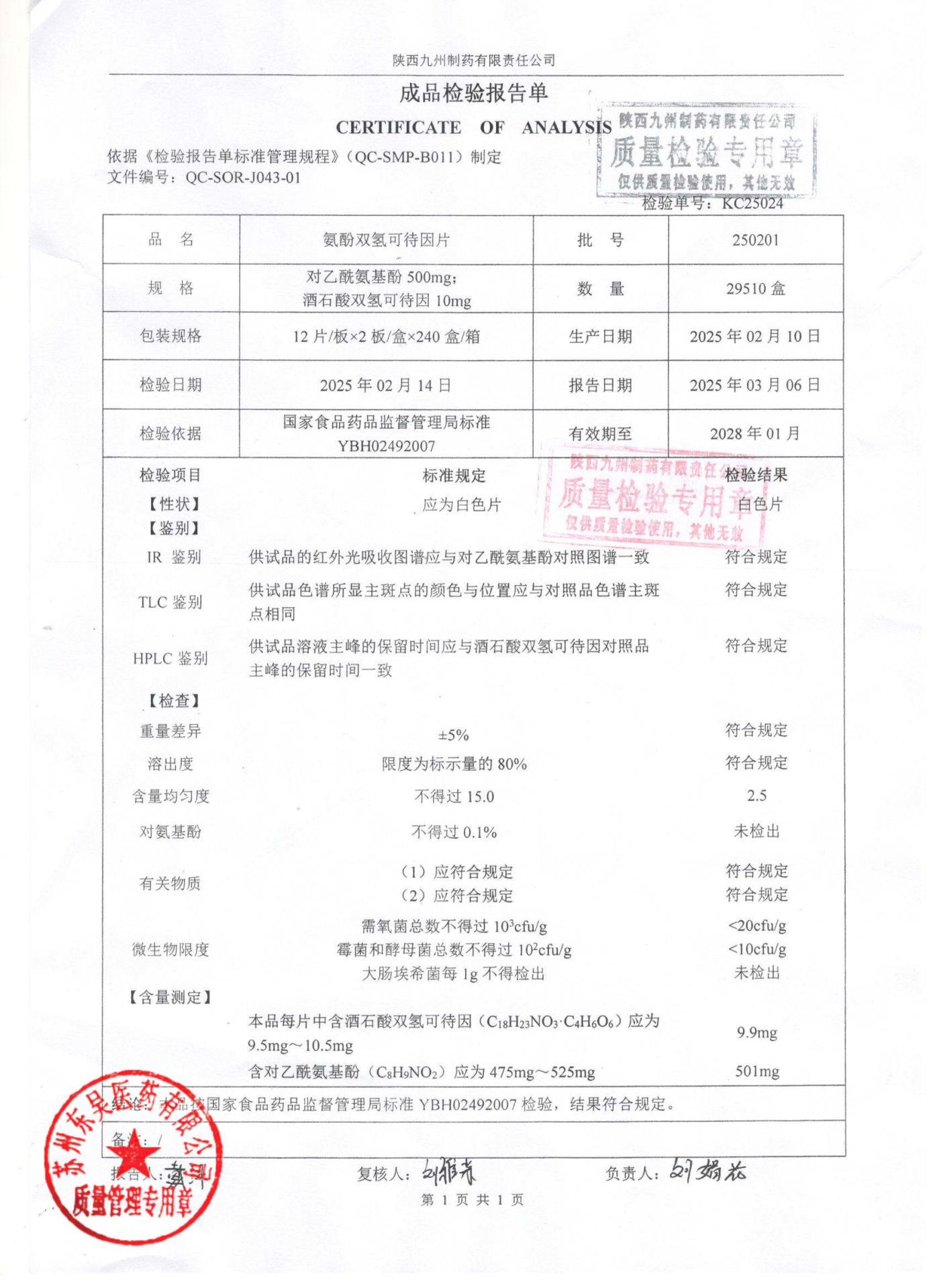 250201氨酚双氢可待因片