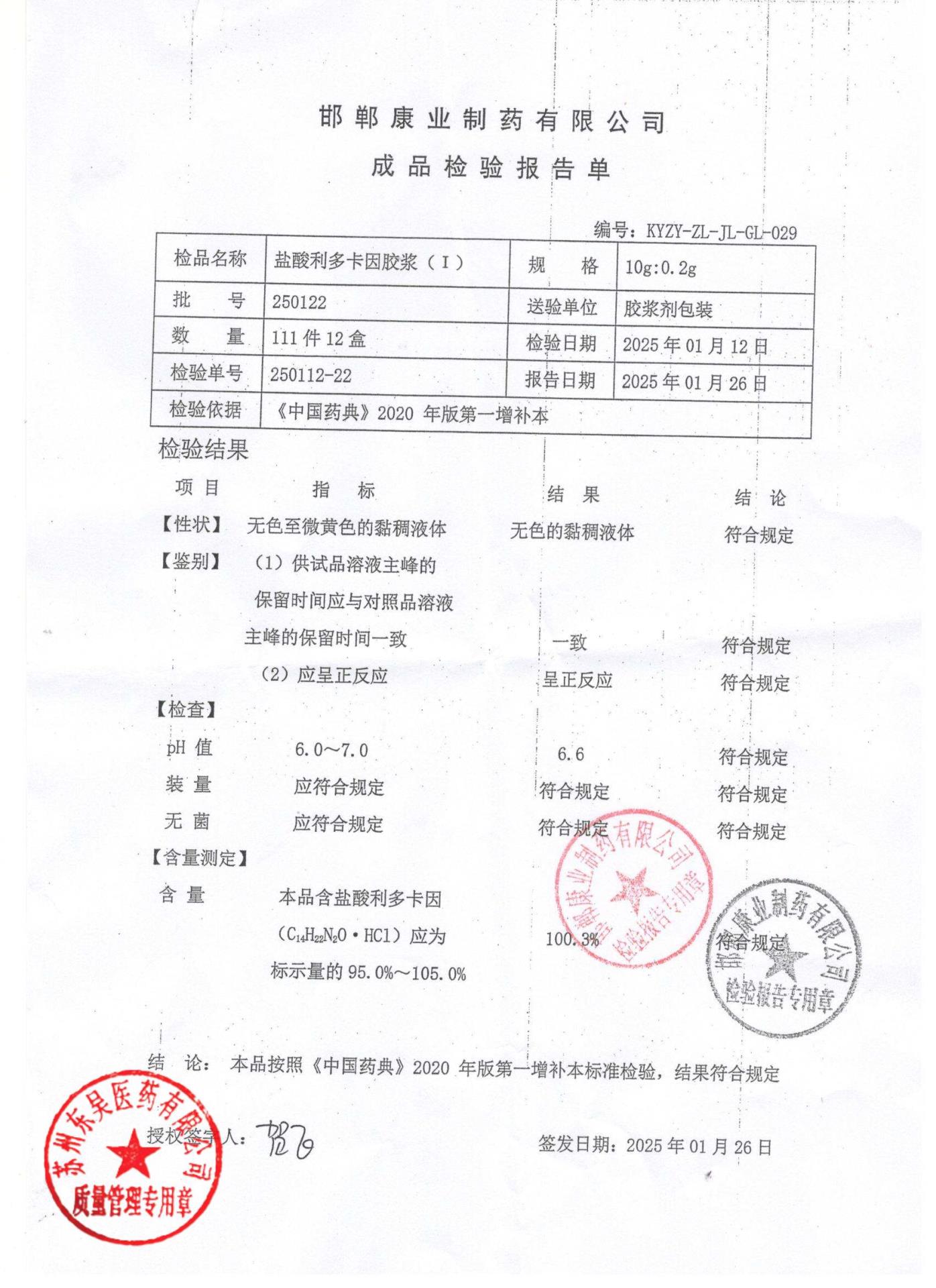 250122盐酸利多卡因胶浆