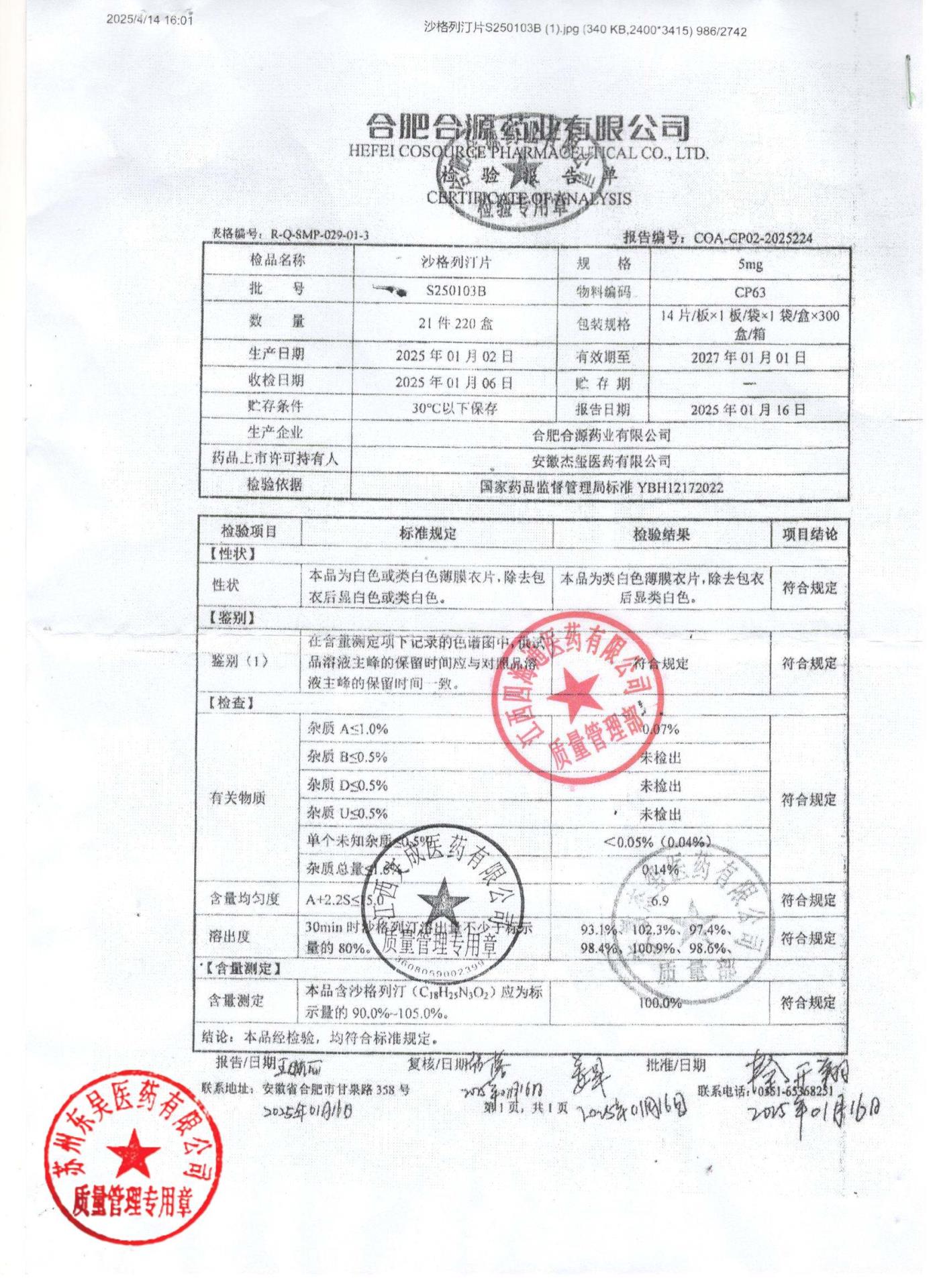 S250103B沙格列汀片