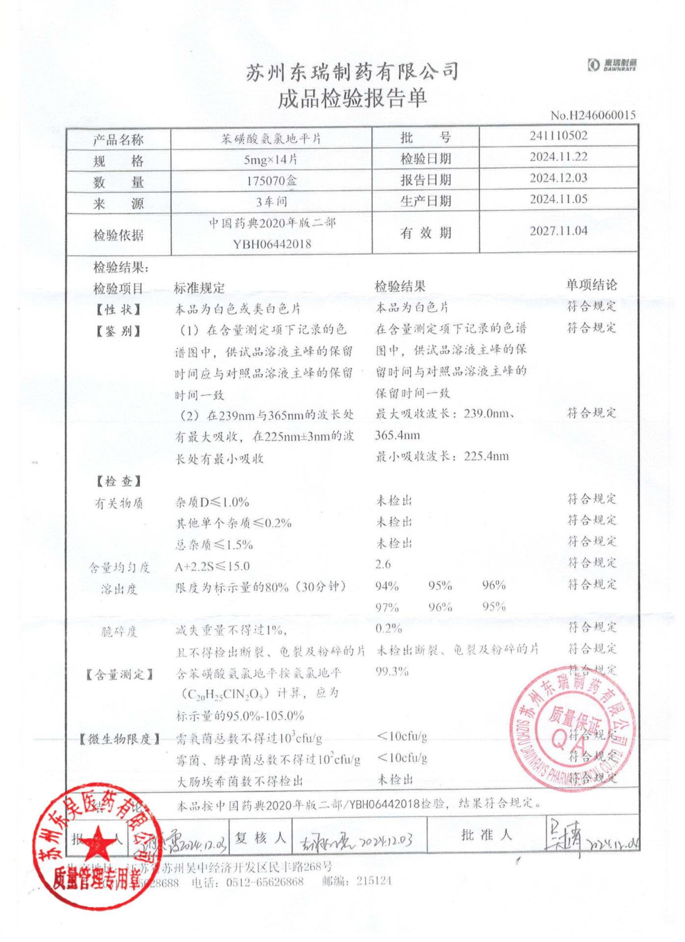 241110502苯磺酸氨氯地平片