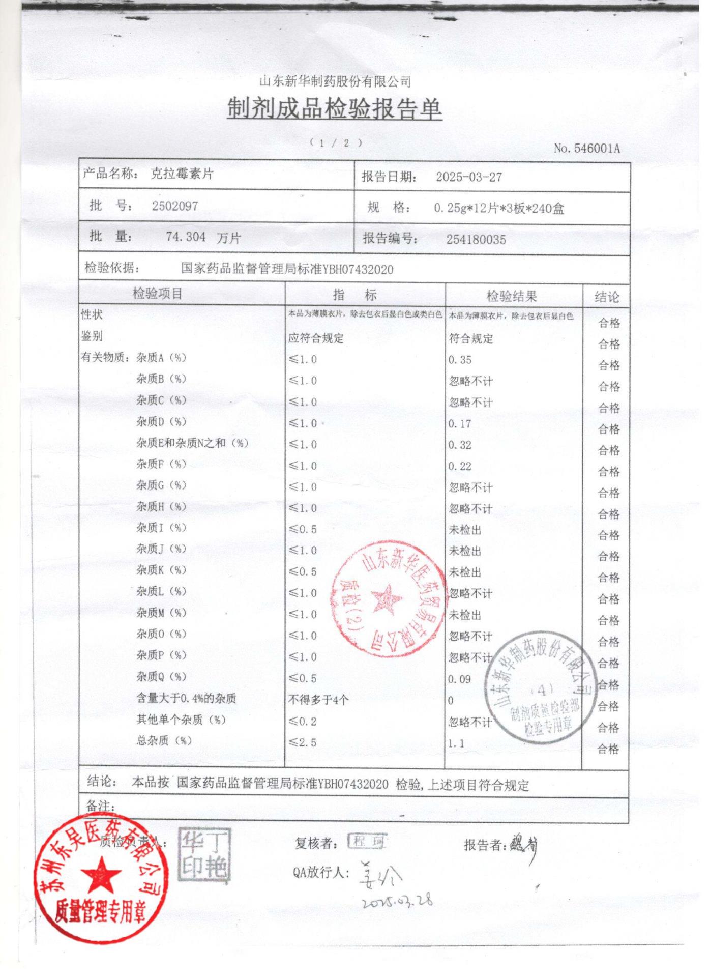 2502097克拉霉素片1