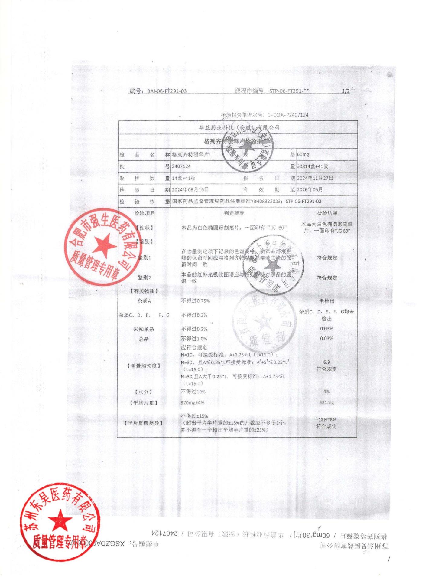 2407124格列齐特缓释片1