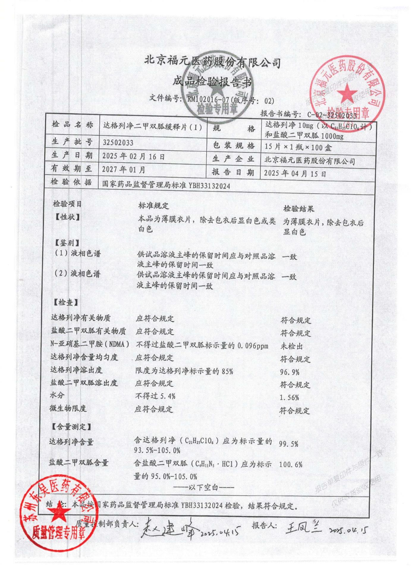 32502033达格列净二甲双胍缓释片