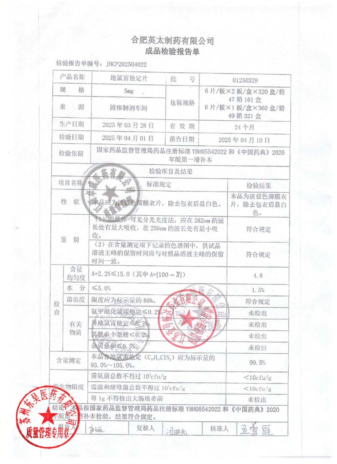 01250329地氯雷他定片
