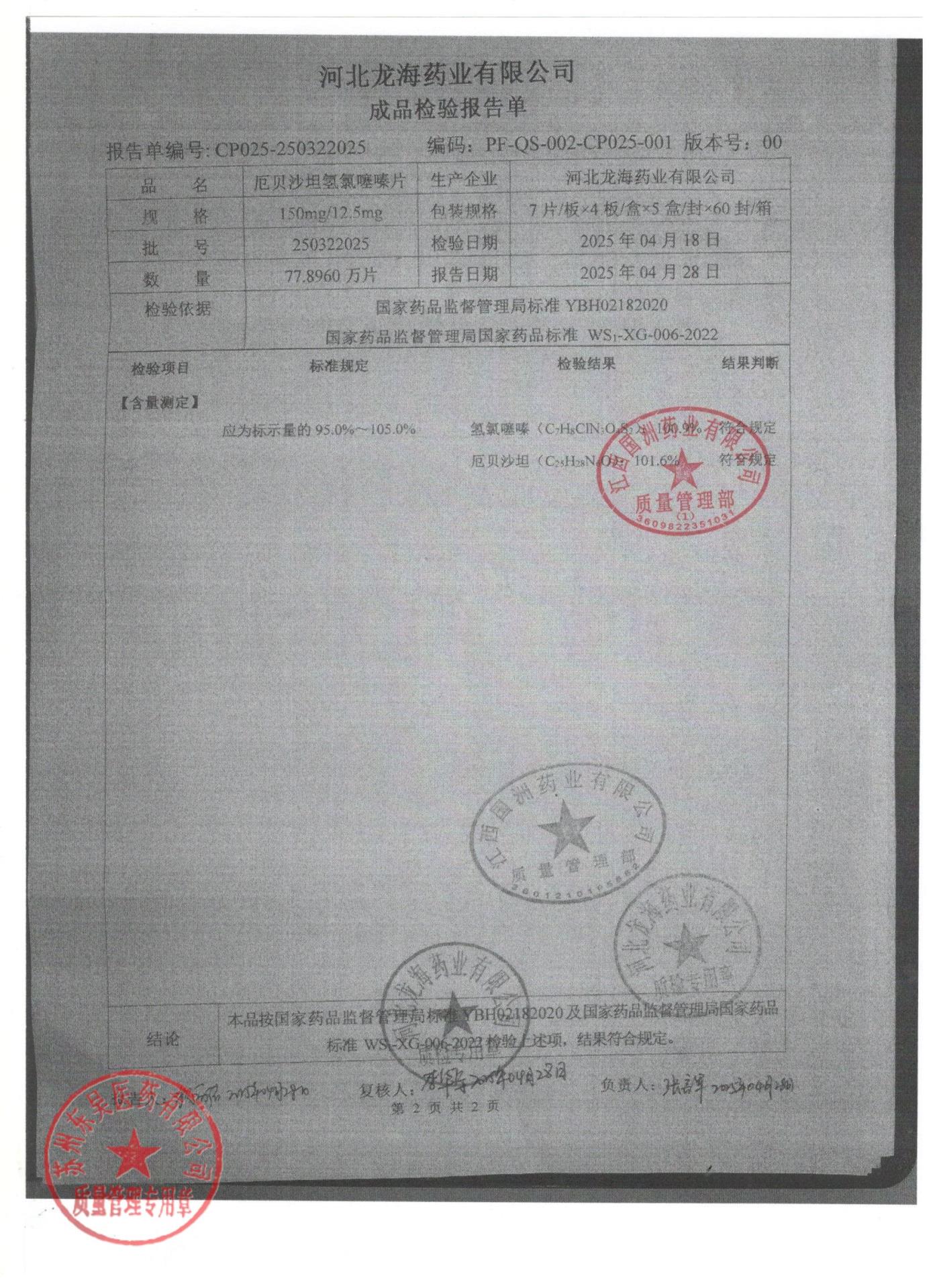 250322025厄贝沙坦氢氯噻嗪片2