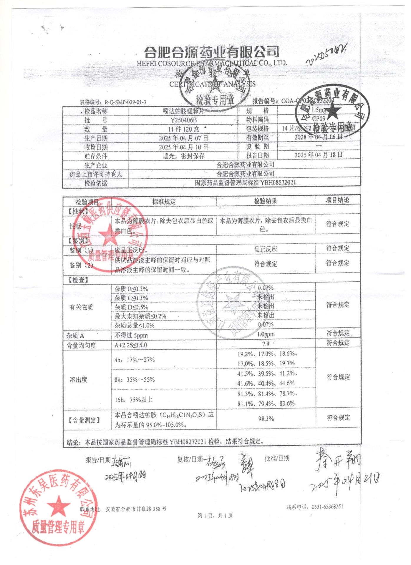 Y250406B吲达帕胺缓释片