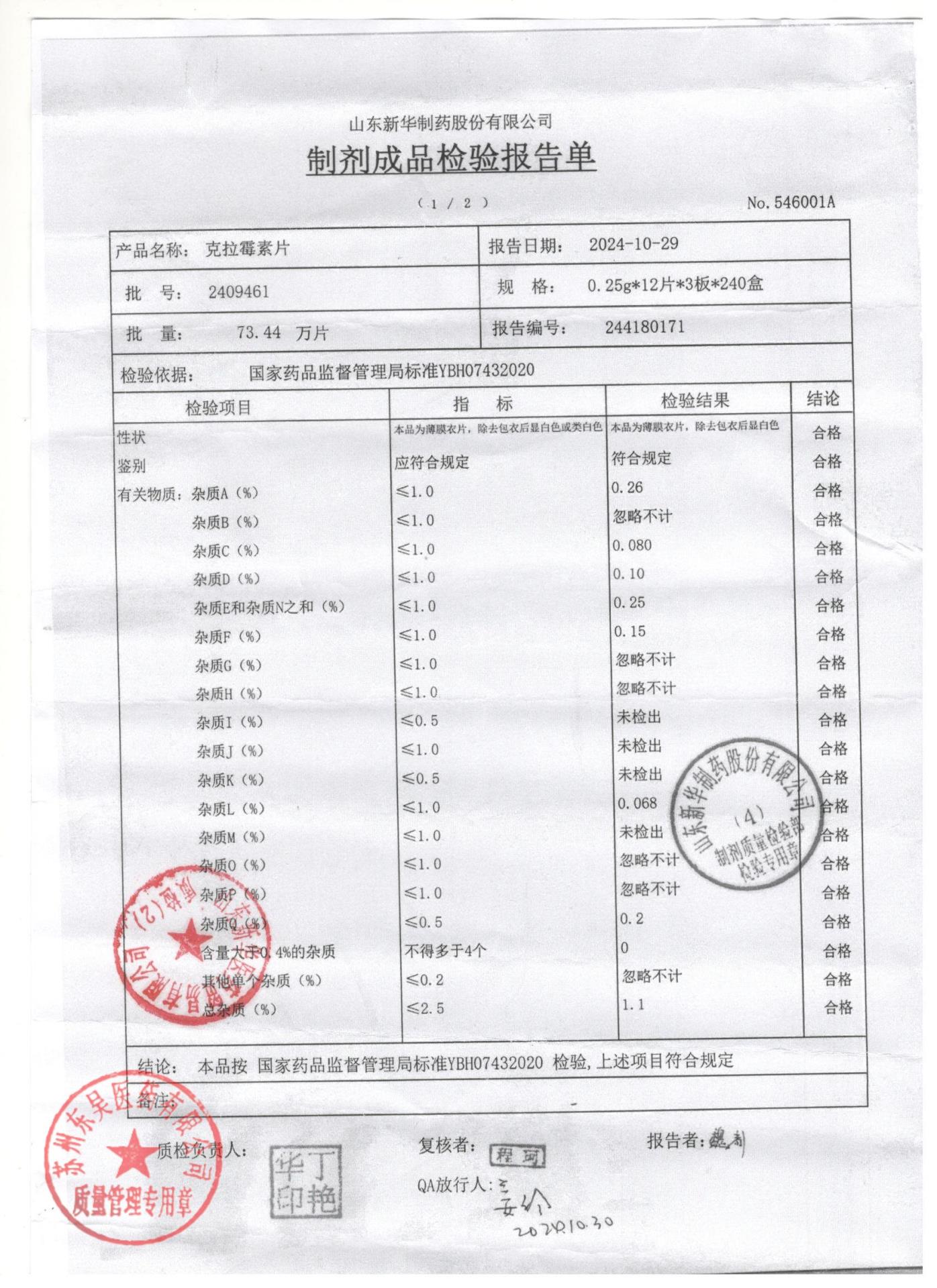 2409461克拉霉素片1