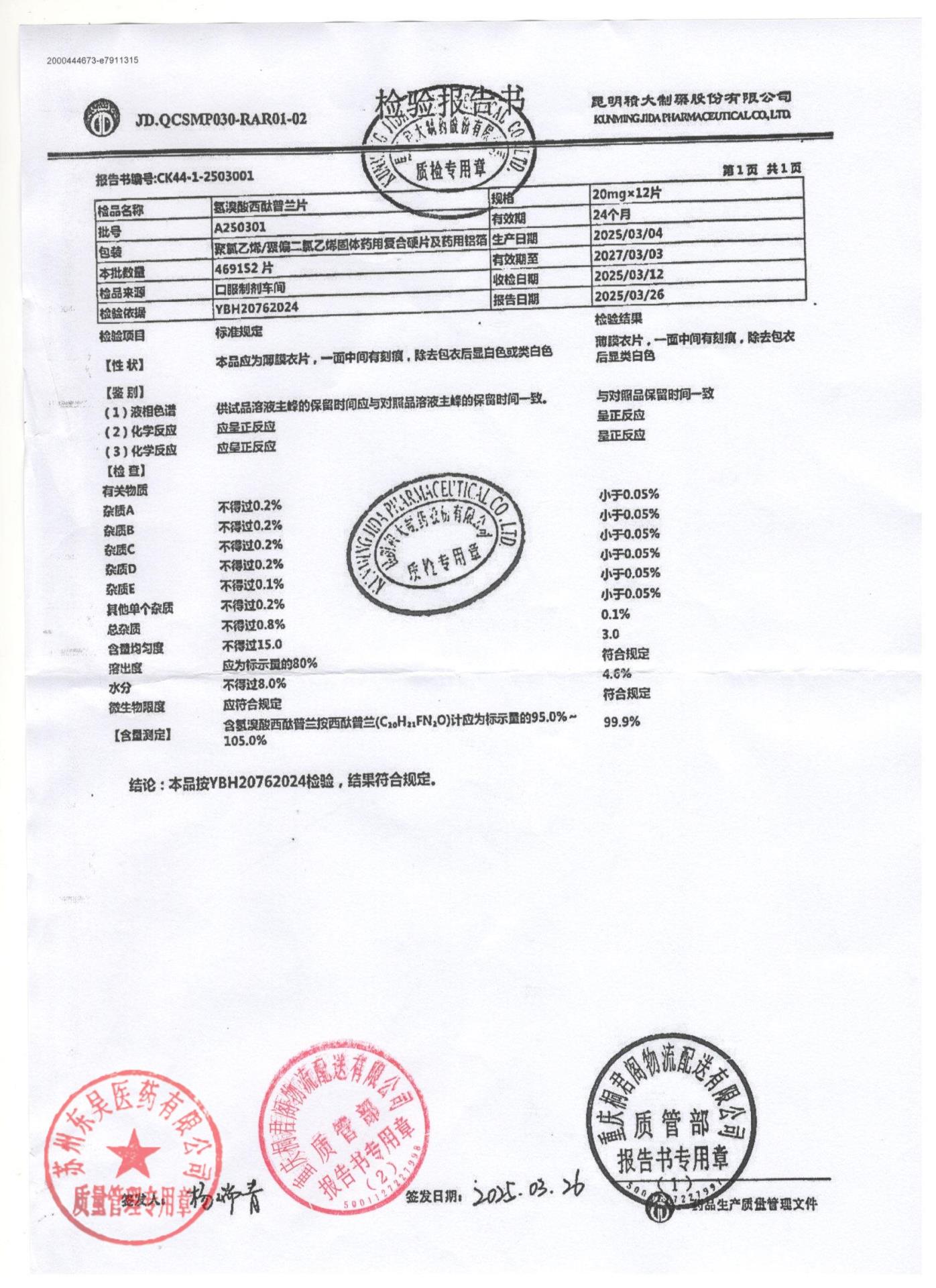 A250301氢溴酸西酞普兰片