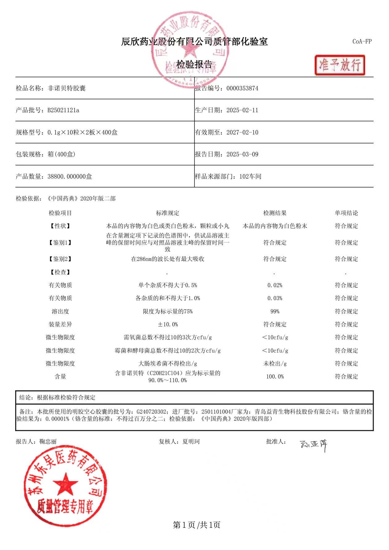 B25021121a非诺贝特胶囊