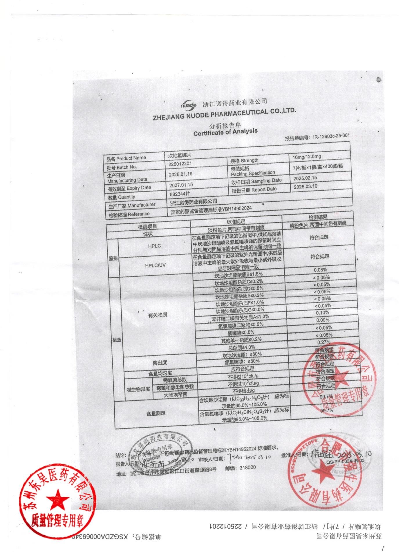 225012201坎地氢噻片
