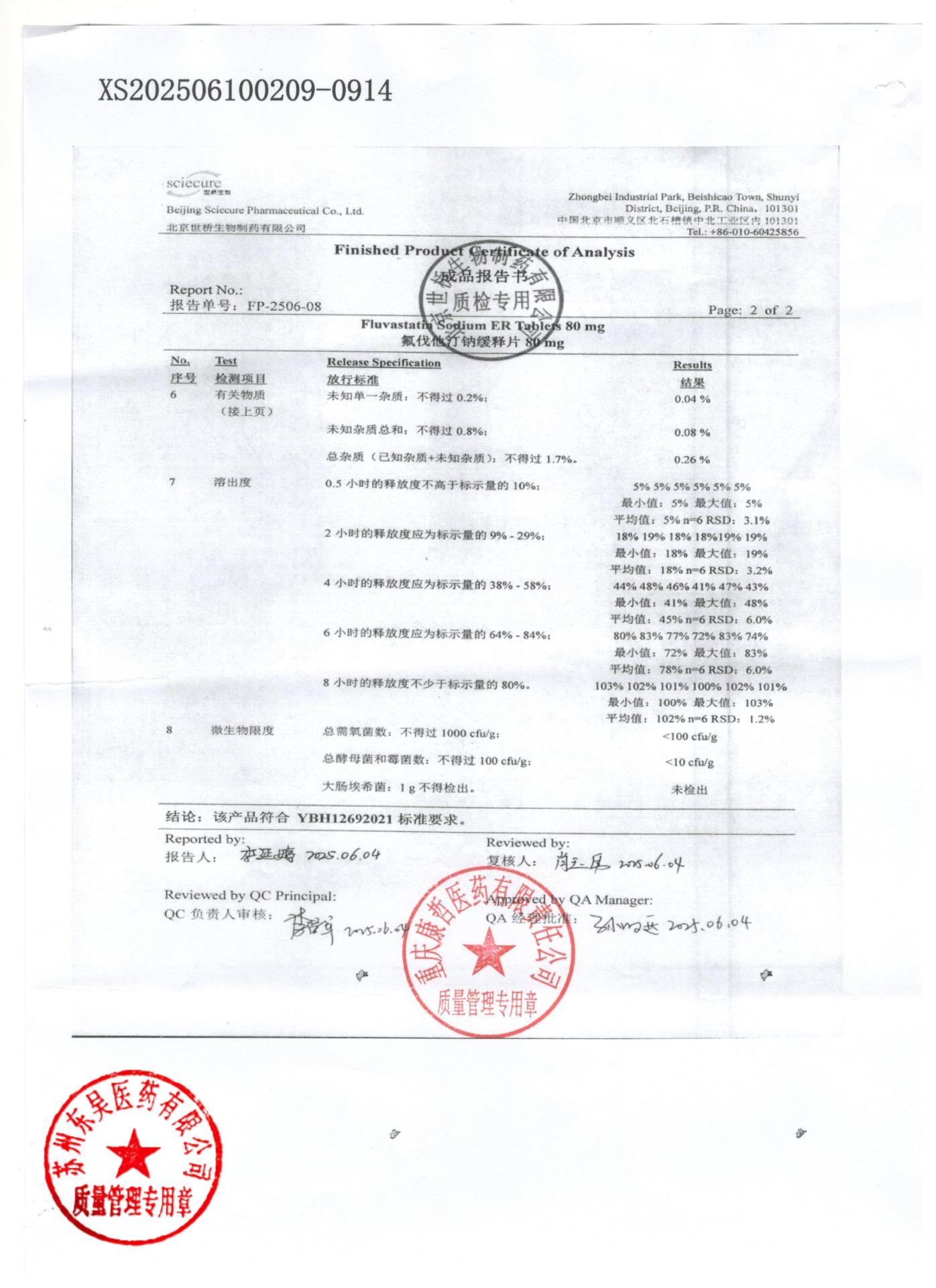 2505014氟伐他汀钠缓释片2