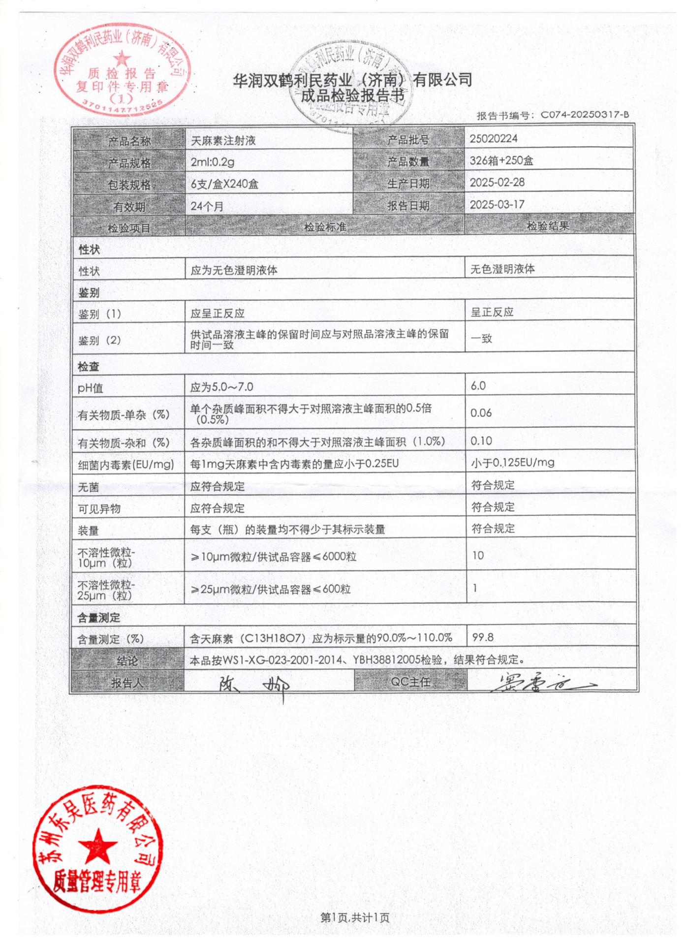 25020224天麻素注射液