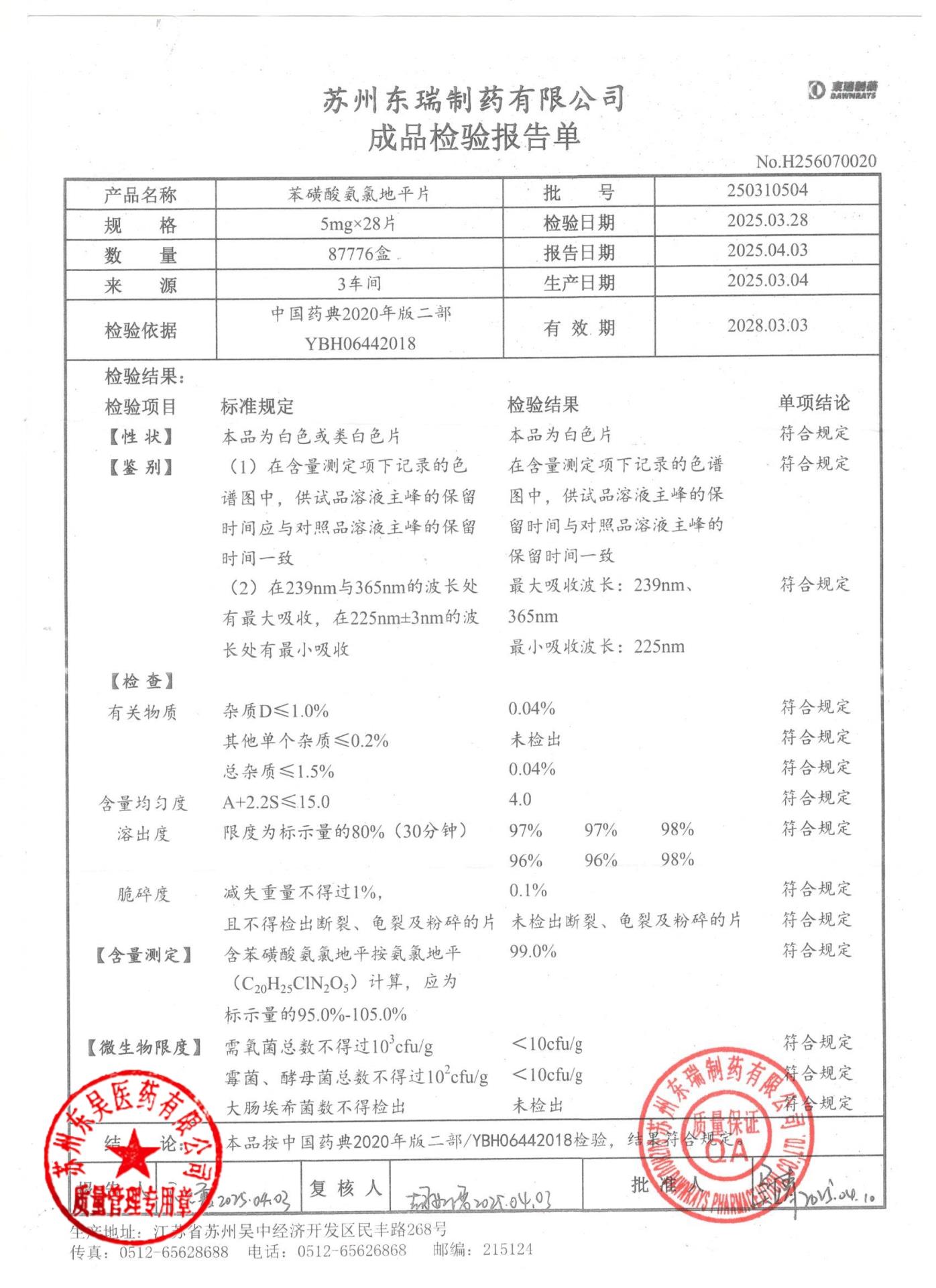 250310504苯磺酸氨氯地平片