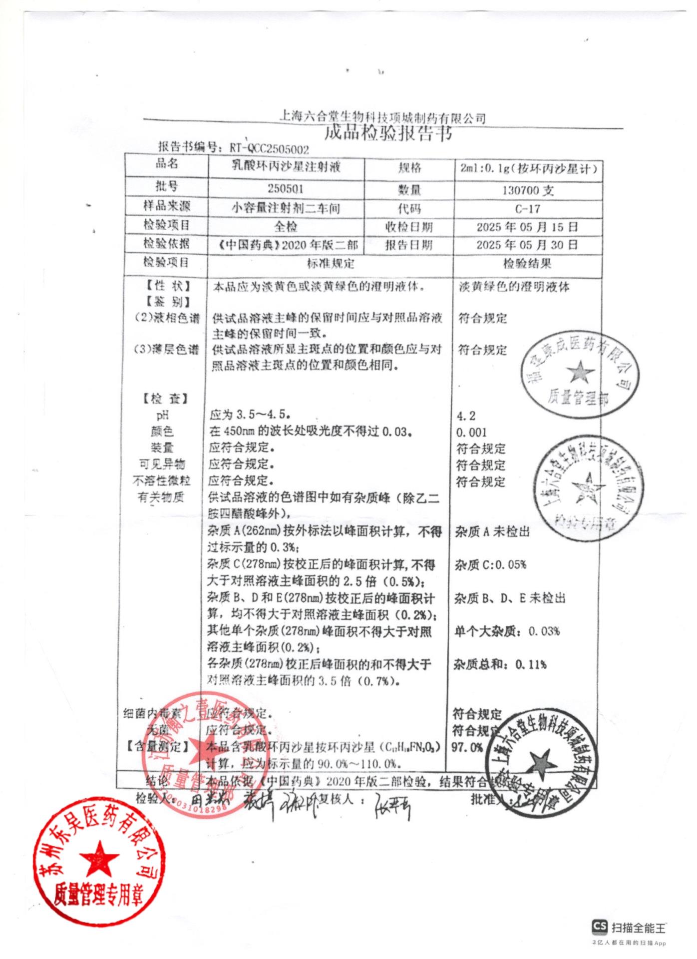 250501乳酸环丙沙星注射液