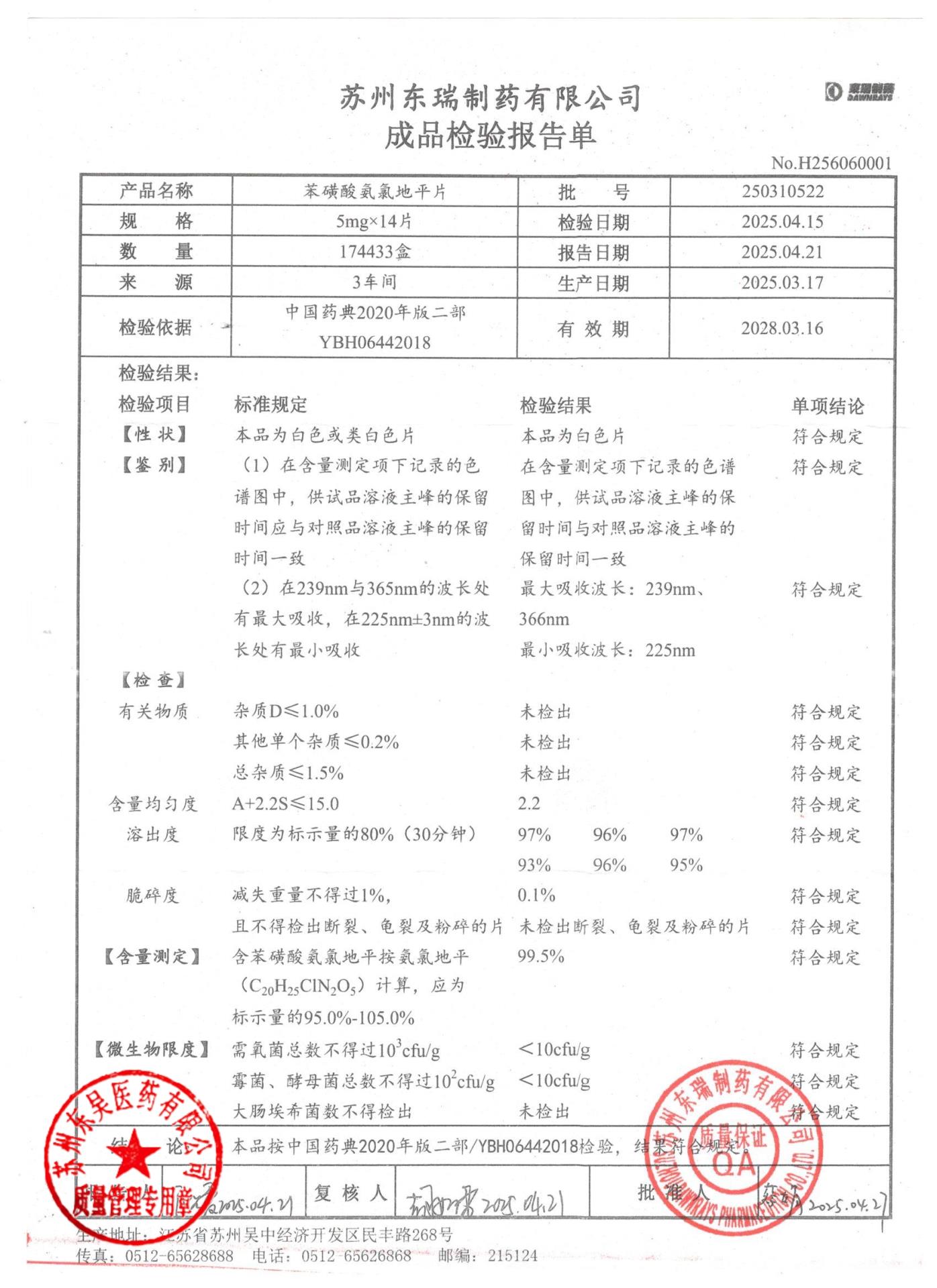 250310522苯磺酸氨氯地平片